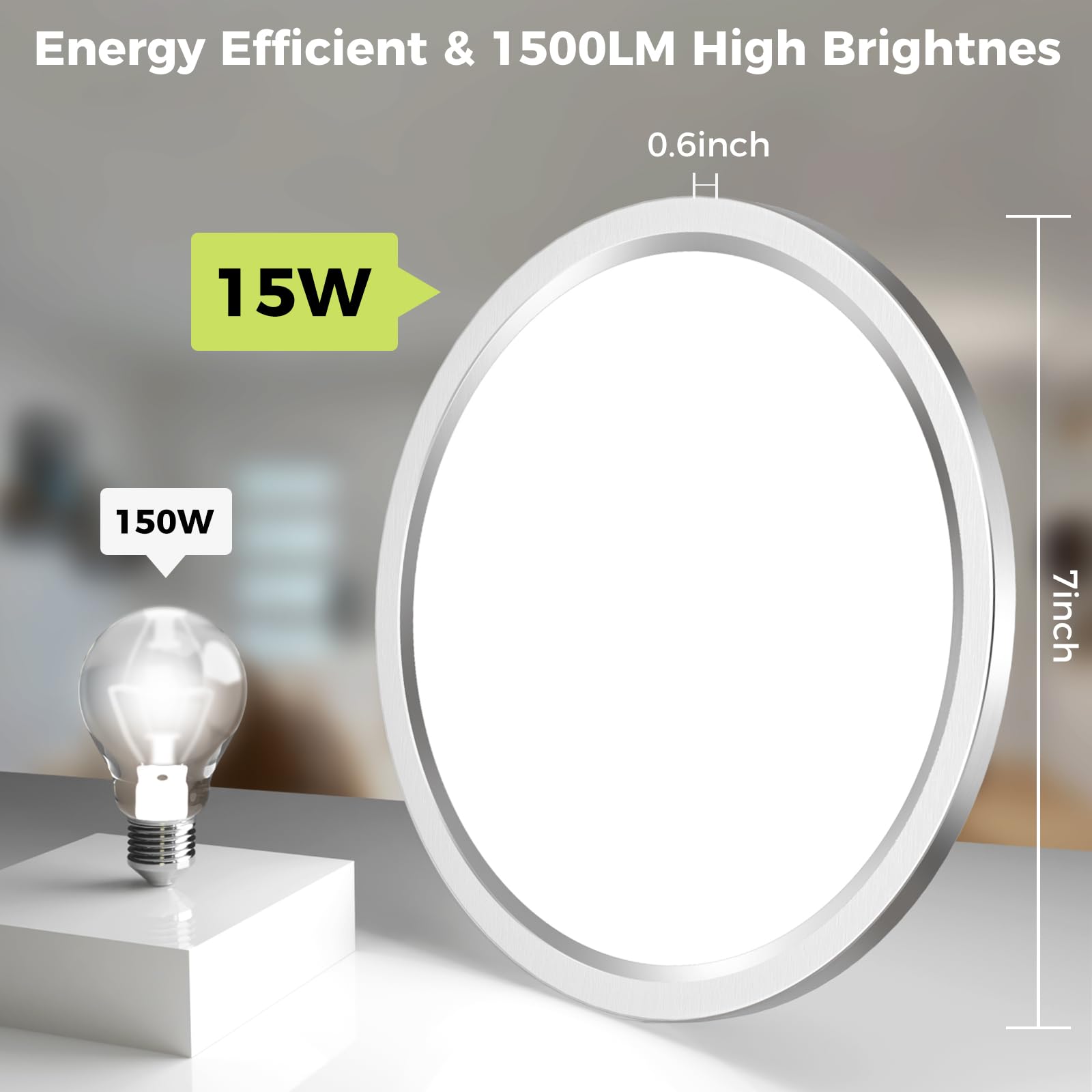 hepside LED Flush Mount Ceiling Light 15W Dimmable 3000K-6500K 7Inch Brushed Nickel for Bathroom Bedroom Kitchen