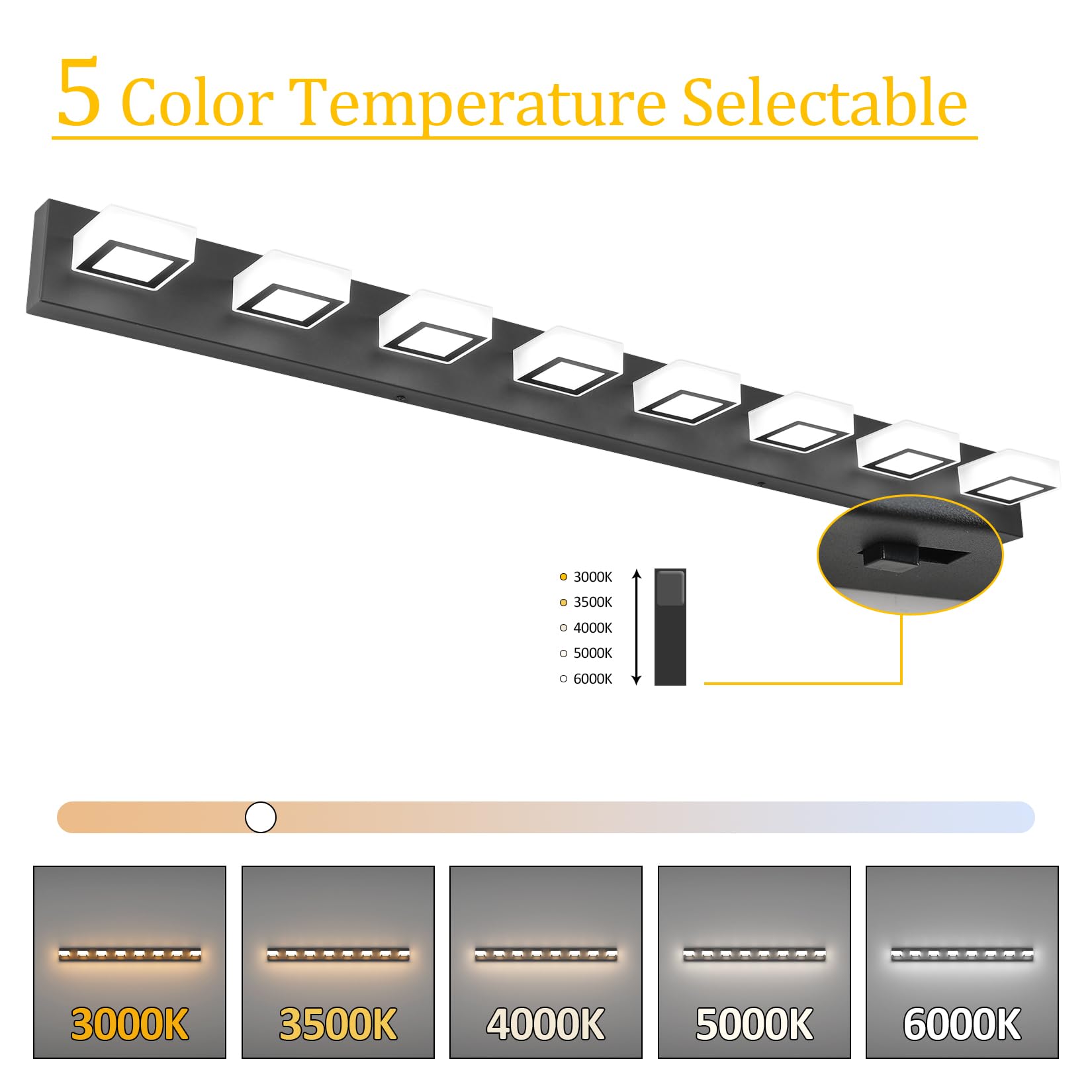 Ralbay 52-Inch Black LED Vanity Light Fixture, 8 Lights, Dimmable, 5 Color Temperature, Modern Acrylic Design