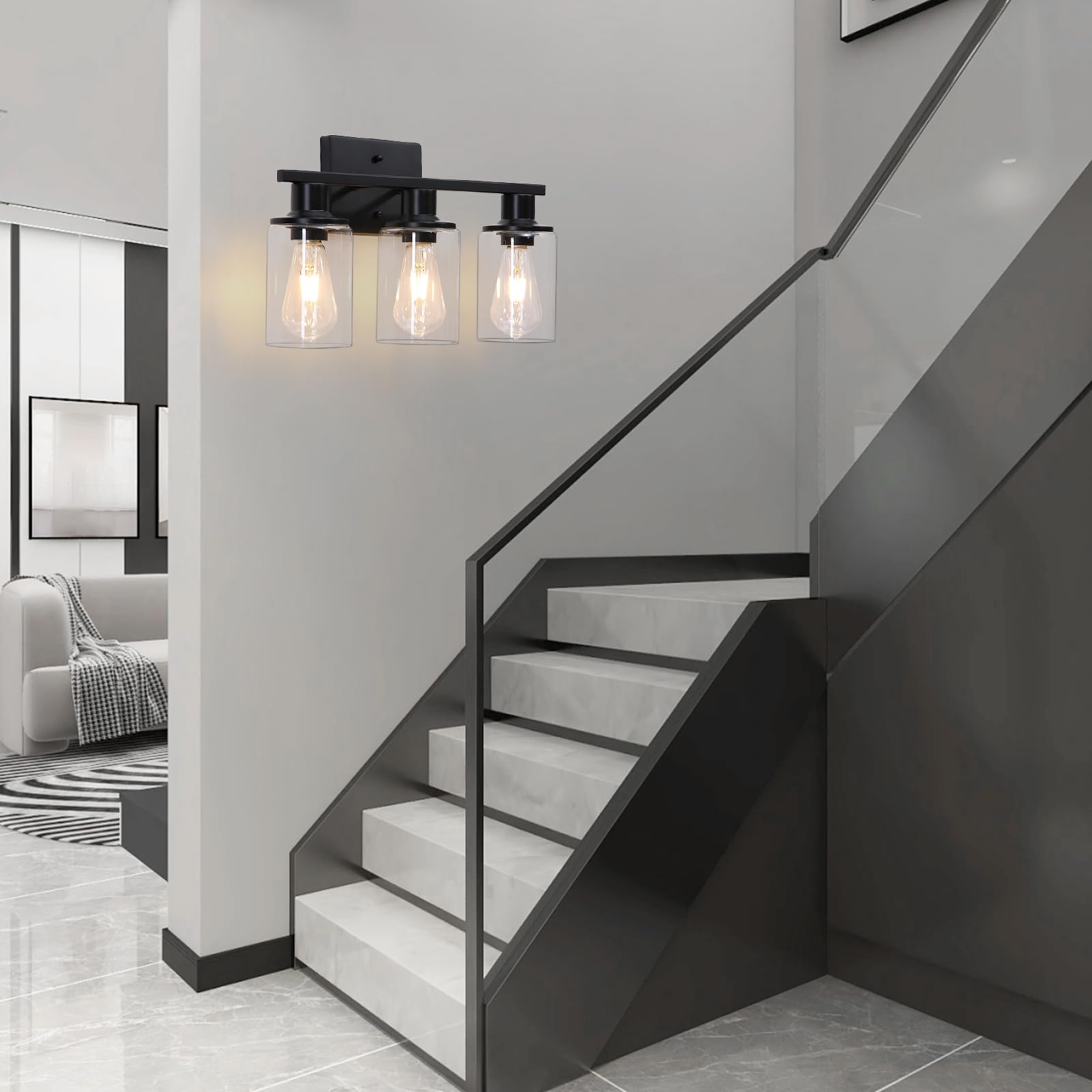 Matte Black Bathroom Light Fixtures Over Mirror 3-Light Bathroom Vanity Light With Clear Glass Shade Modern Farmhouse Wall Sconces Lighting For Mirror Kitchen Living Room Cabinet
