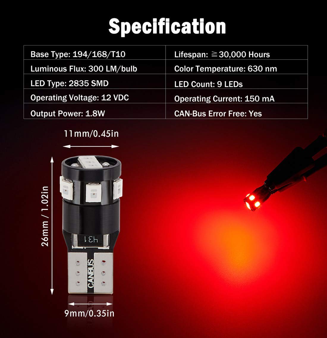 BRISHINE 194 LED Bulbs, 300LM, Canbus Error Free, Brilliant Red, 9-SMD 2835 Chipsets, Pack of 4 for Map/Dome/Marker