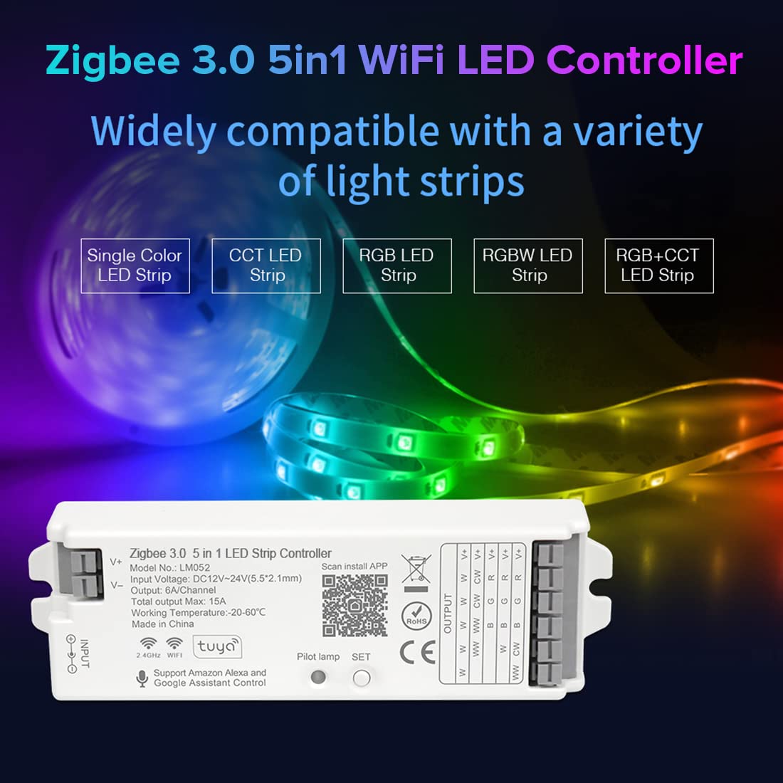BTF-LIGHTING Zigbee 5in1 LED Controller LM052, Dimming CCT RGB, Compatible with Echo Plus/4th Gen, WR01RF, WR02RF