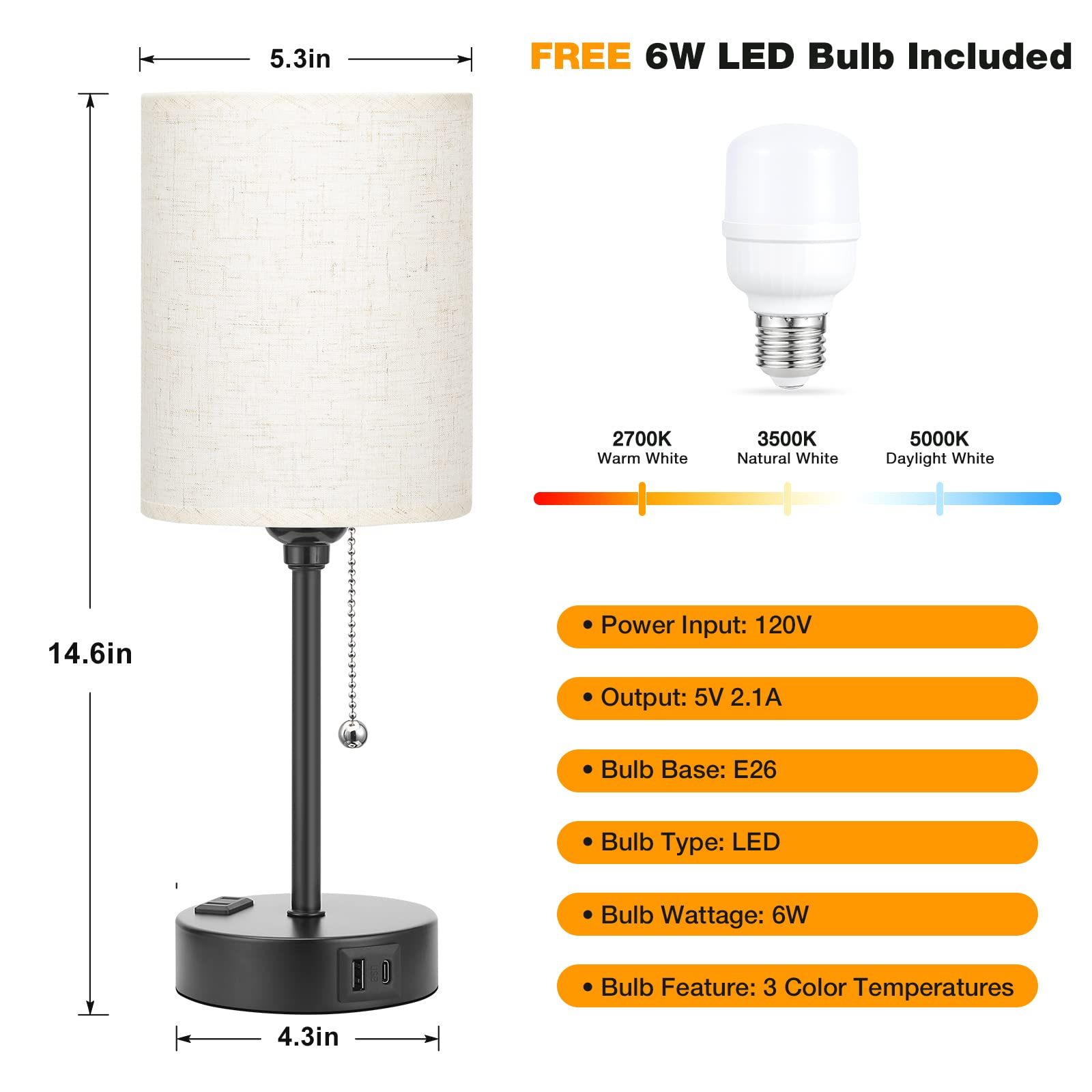 Small Bedside Lamp With 3 Color Modes - Off White 2700K 3500K 5000K Bedroom Light With Usb C And A Ports, Pull Chain, Ac Outlet,