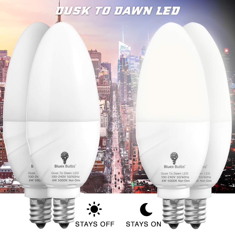 Bluex Bulbs 6 Pack LED Dusk to Dawn Candelabra Bulbs, 6W E12 Base, 5000K Daylight White, Home Security Lighting