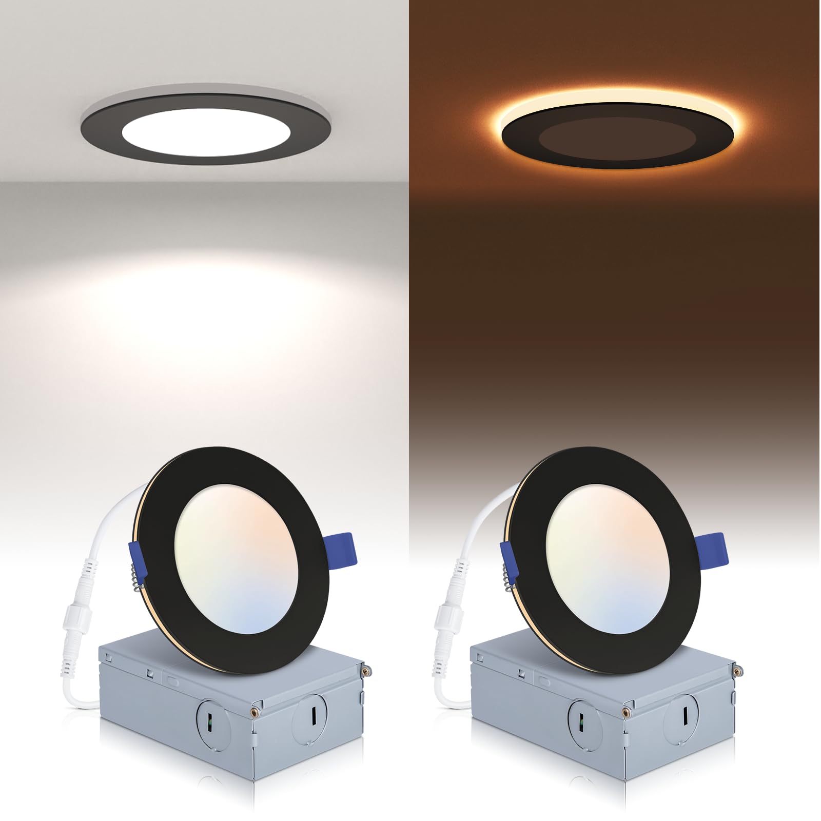2 Pack Black Recessed Lighting 4 Inch with Night Light, 5CCT 4 Inch LED Recessed Lights 2700K-6000K Selectable, Dimmable 9W 700L
