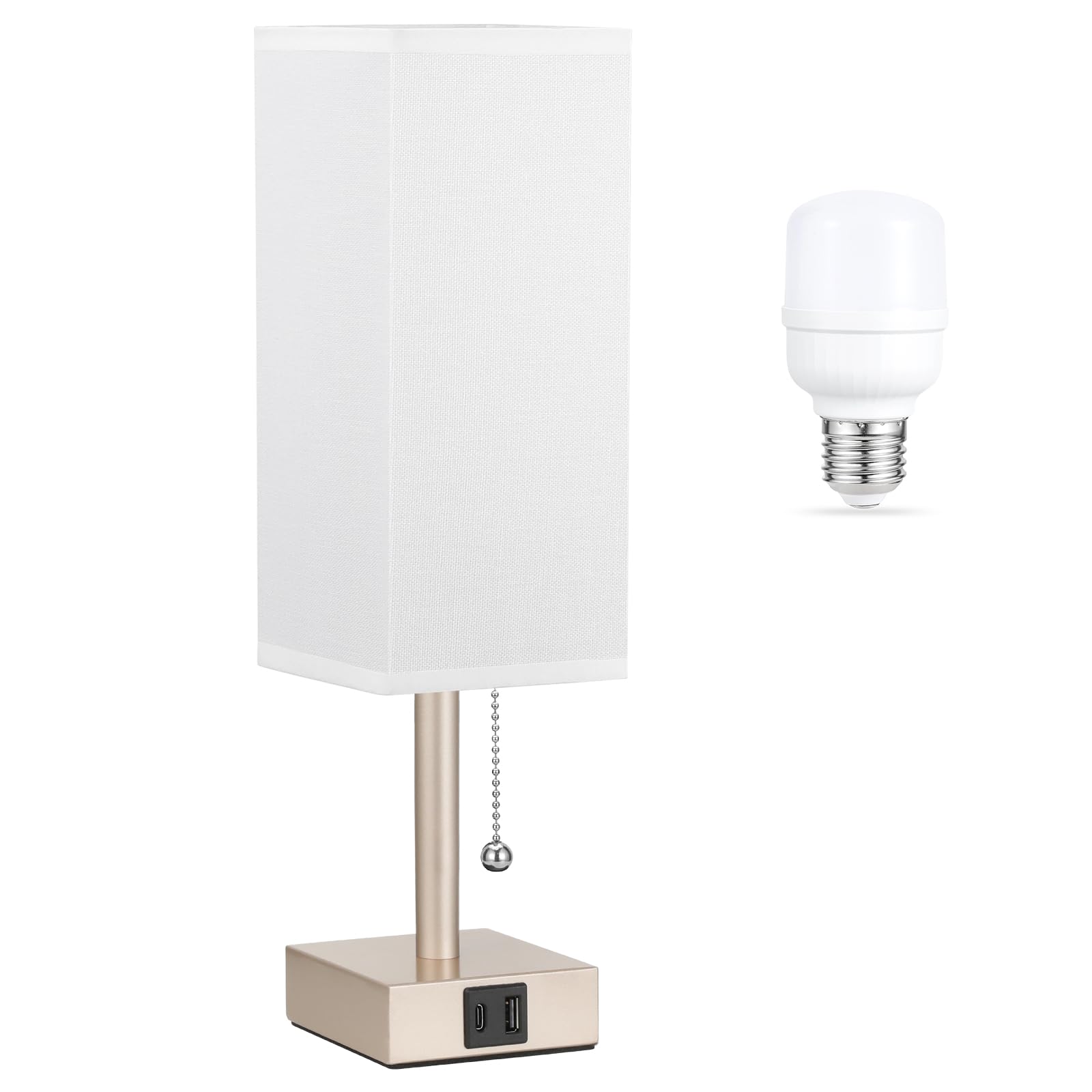 aooshine White Small Table Lamp for Bedroom - 3 Color Temperature 3000K 5000K 4000K Bedside Lamp, Pull Chain Control, USB A and