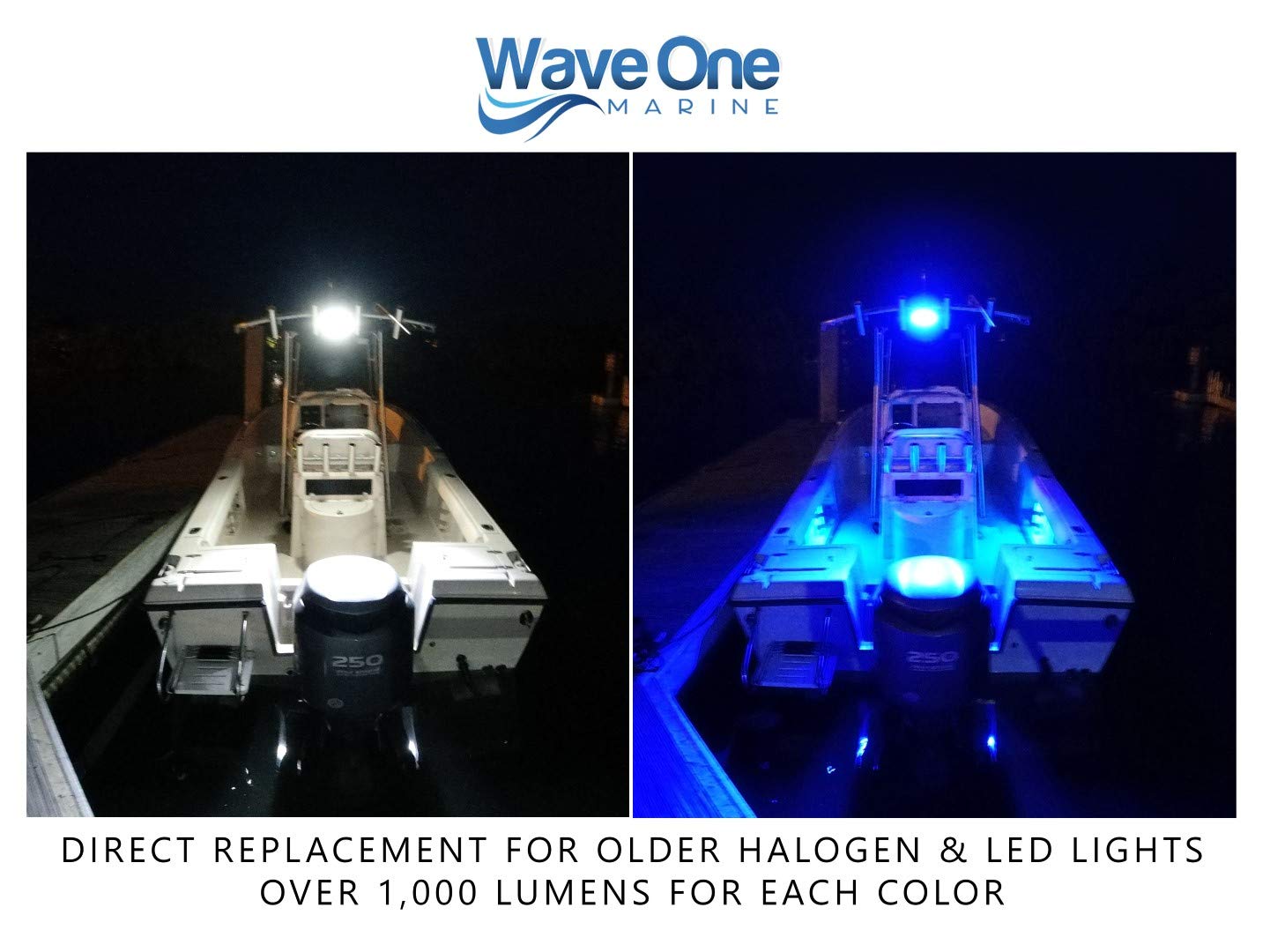 Wave One Marine LED Boat Spreader Light, Dual Color, IP68 Waterproof, Slim Profile, Model 101BlackHousing, Black Housing