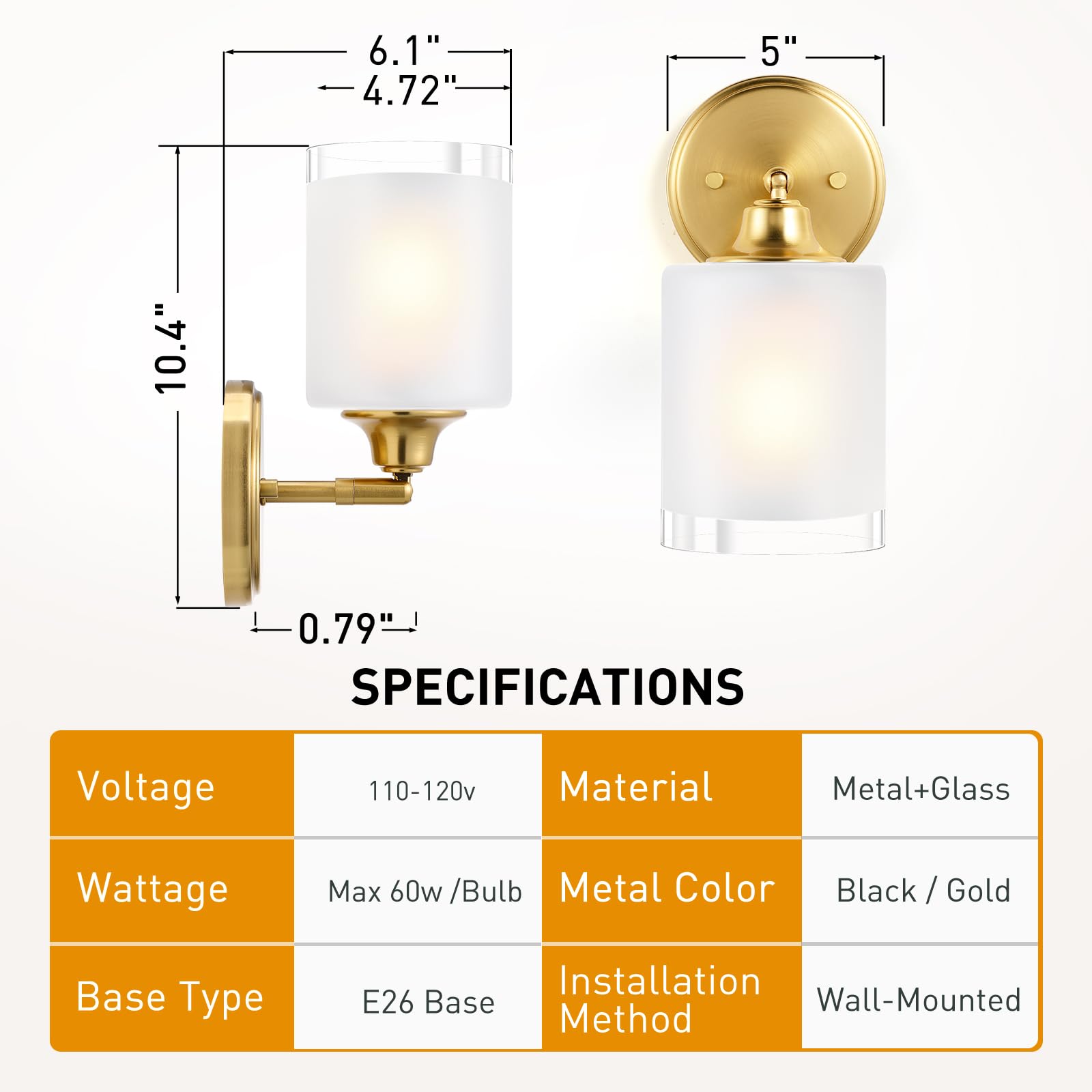 Xifeiniu Bathroom Wall Sconce Set Of Two With Frosted Glass Shades, Modern Indoor Vanity Wall Light For Mirror Bedroom Living Ro