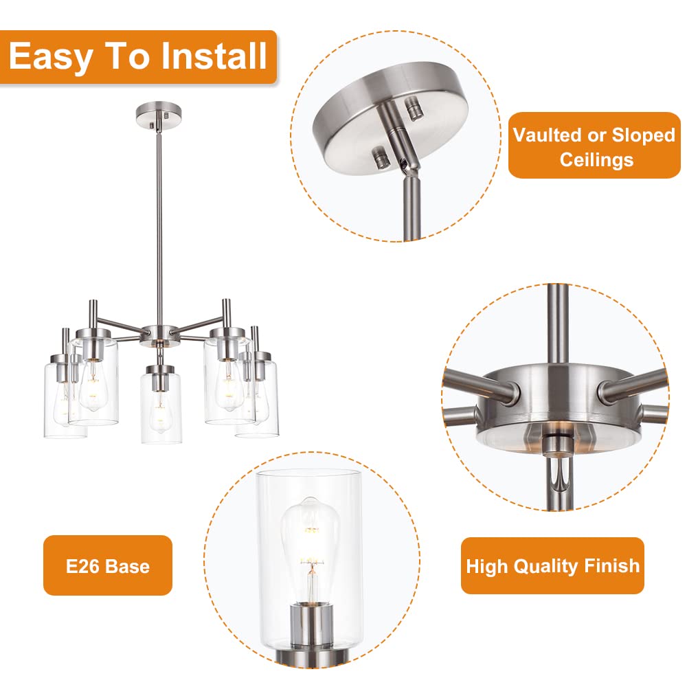 VINLUZ 5 Light Contemporary Chandelier - Brushed Nickel, Clear Glass Shades, Model 1810-5-13, Adjustable Semi Flush Pendant Lighting