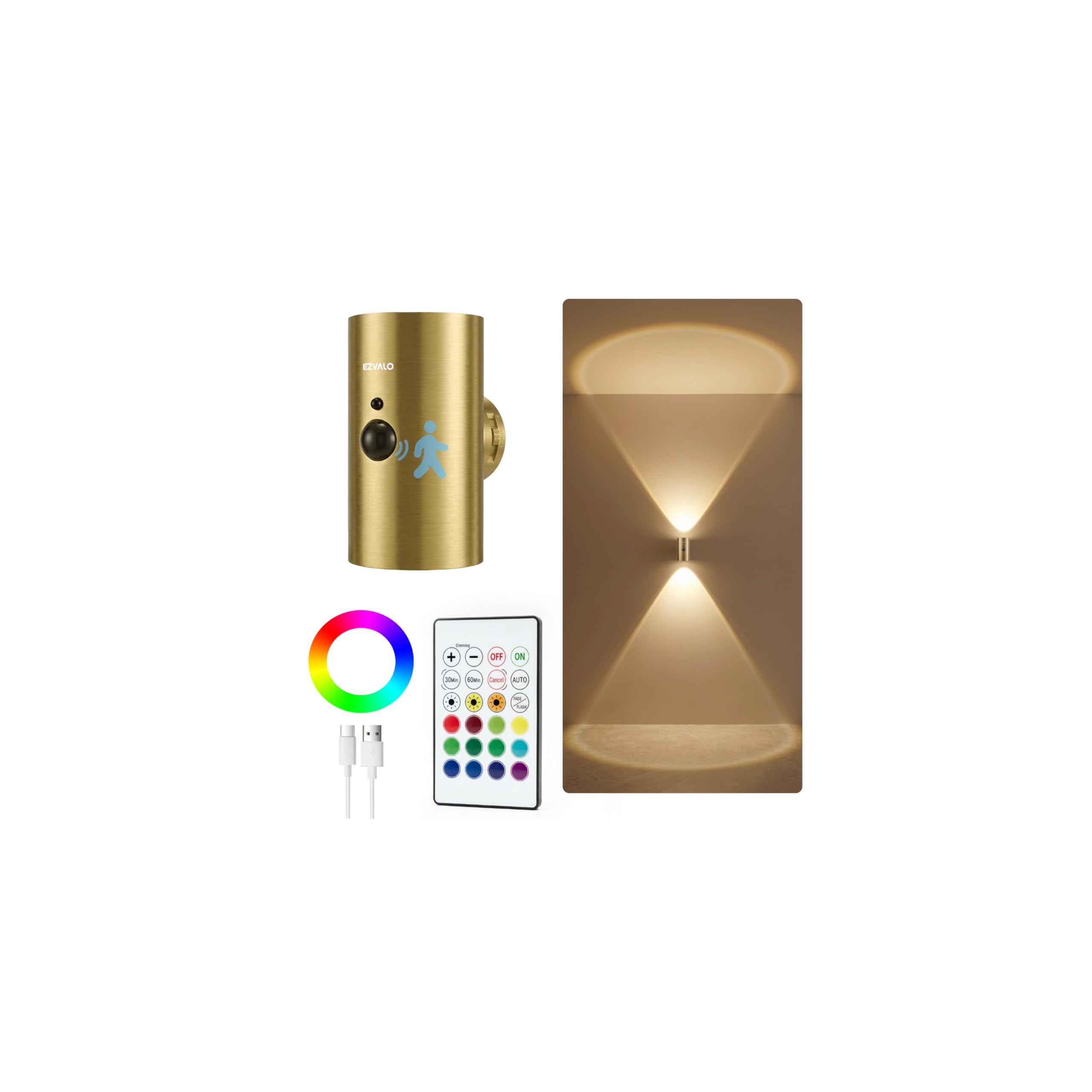 EZVALO Motion Sensor Wall Sconce with Remote, Battery Operated 4000mAh Rechargeable Wall Light, 3 Color Temperatures & 12 RGB, U