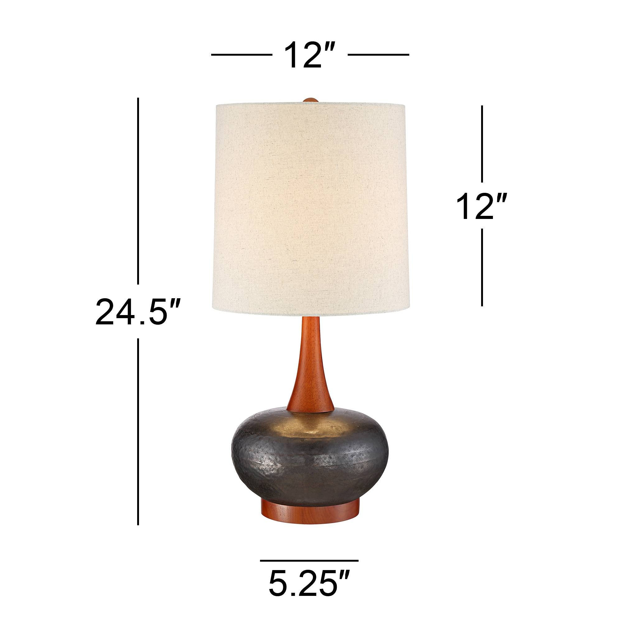 360 Lighting Andi Mid Century Modern Table Lamp 24.5 High Hammered Bronze Ceramic Wood Off White Tall Drum Shade For Living Room