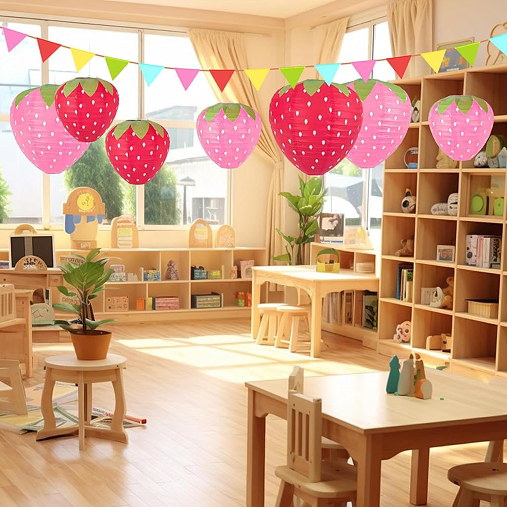 Kinteshun Folding Strawberry Paper Lantern Reusable Hanging Ornament Lamp Cover For Fruit Theme Birthday Party Decoration Suppli