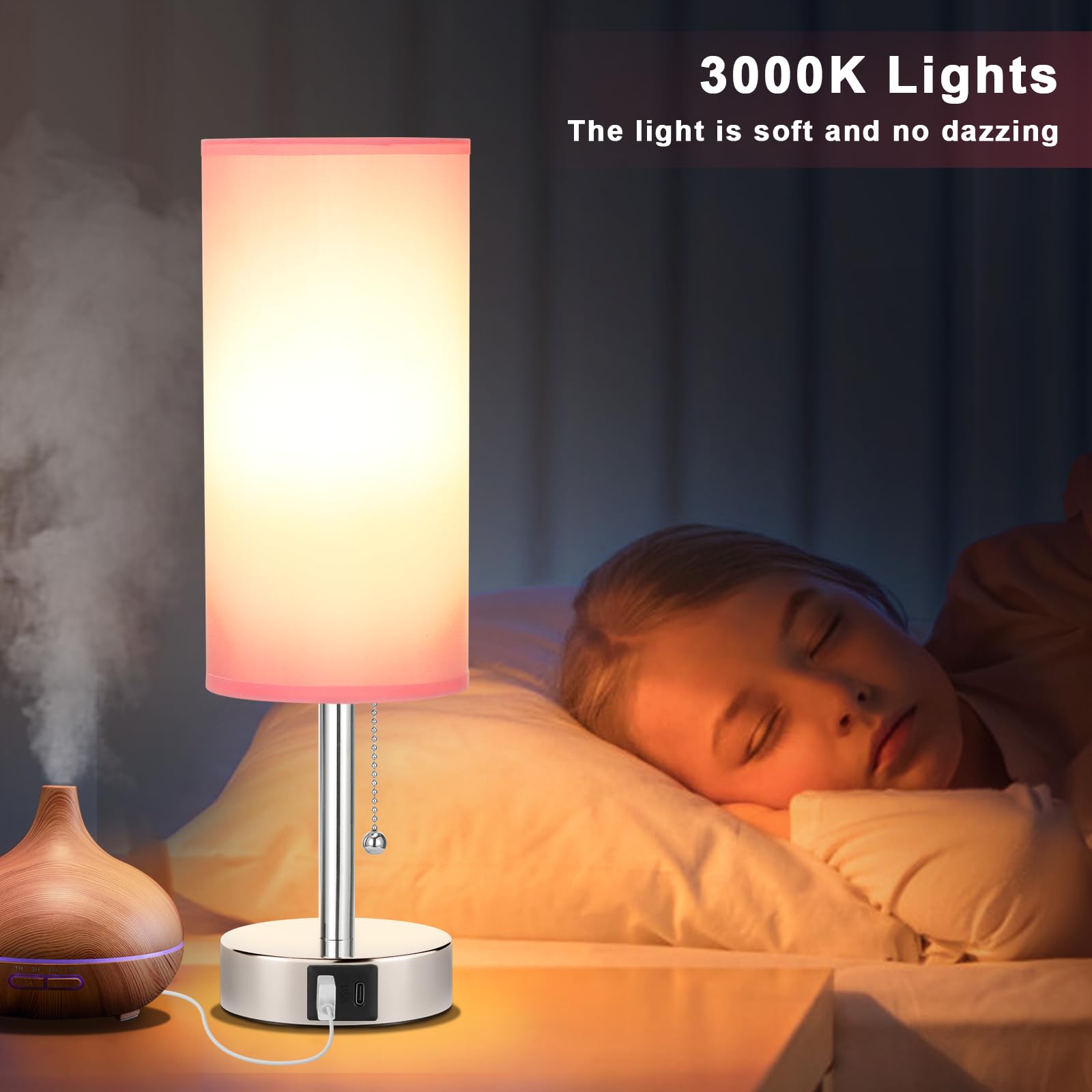 Hong-In Pink Bedside Lamp For Bedroom-Nightstand Lamp With 3 Color Modes With Usb-C+A Charging Ports, 3000/4000/5000K Bedroom La