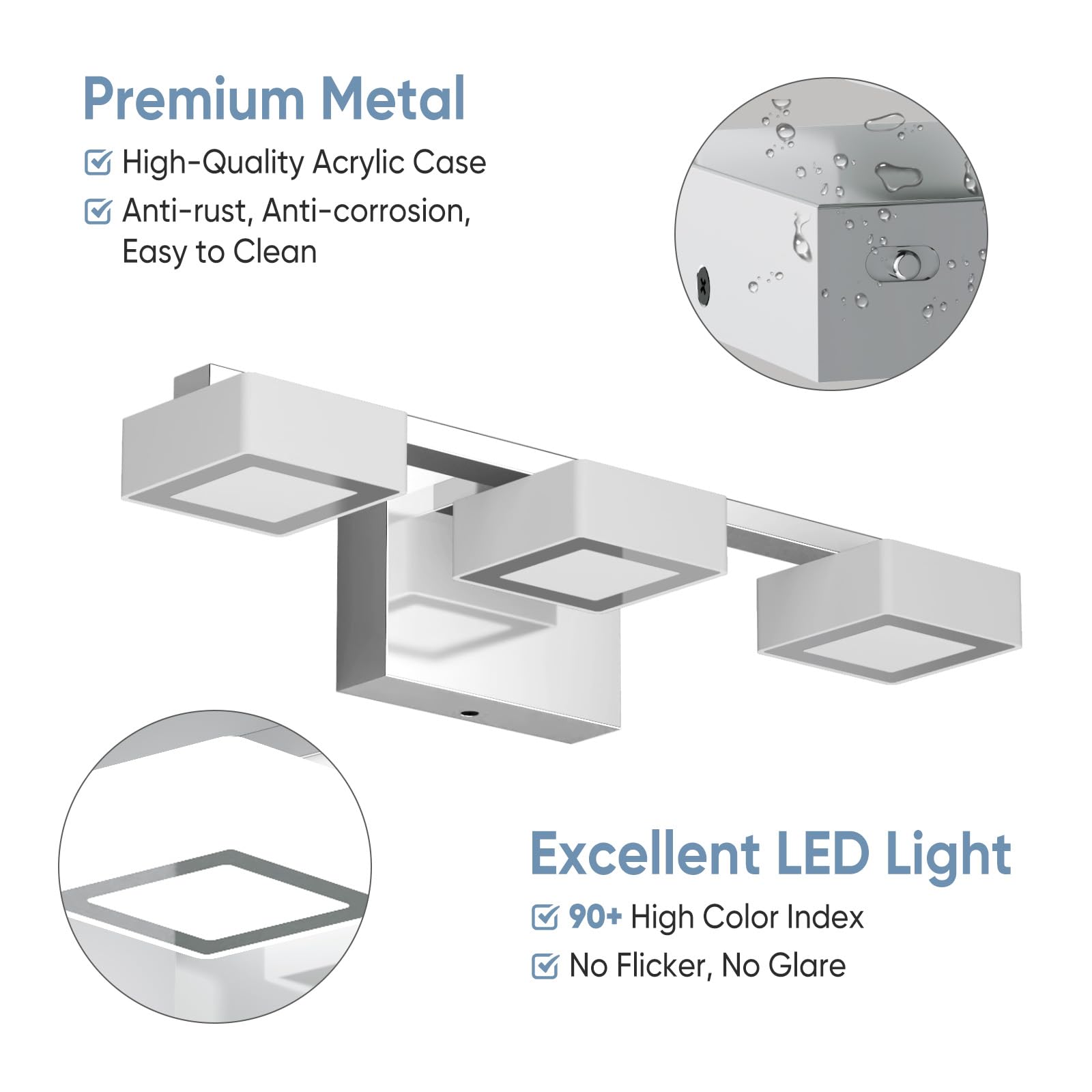 Myth Realm Led Modern Bathroom Light Fixtures Over Mirror, 3-Light Dimmable Vanity Lights, Chrome Acrylic Bathroom Vanity Light, 2700K-6500K Adjustable, Etl Certificated