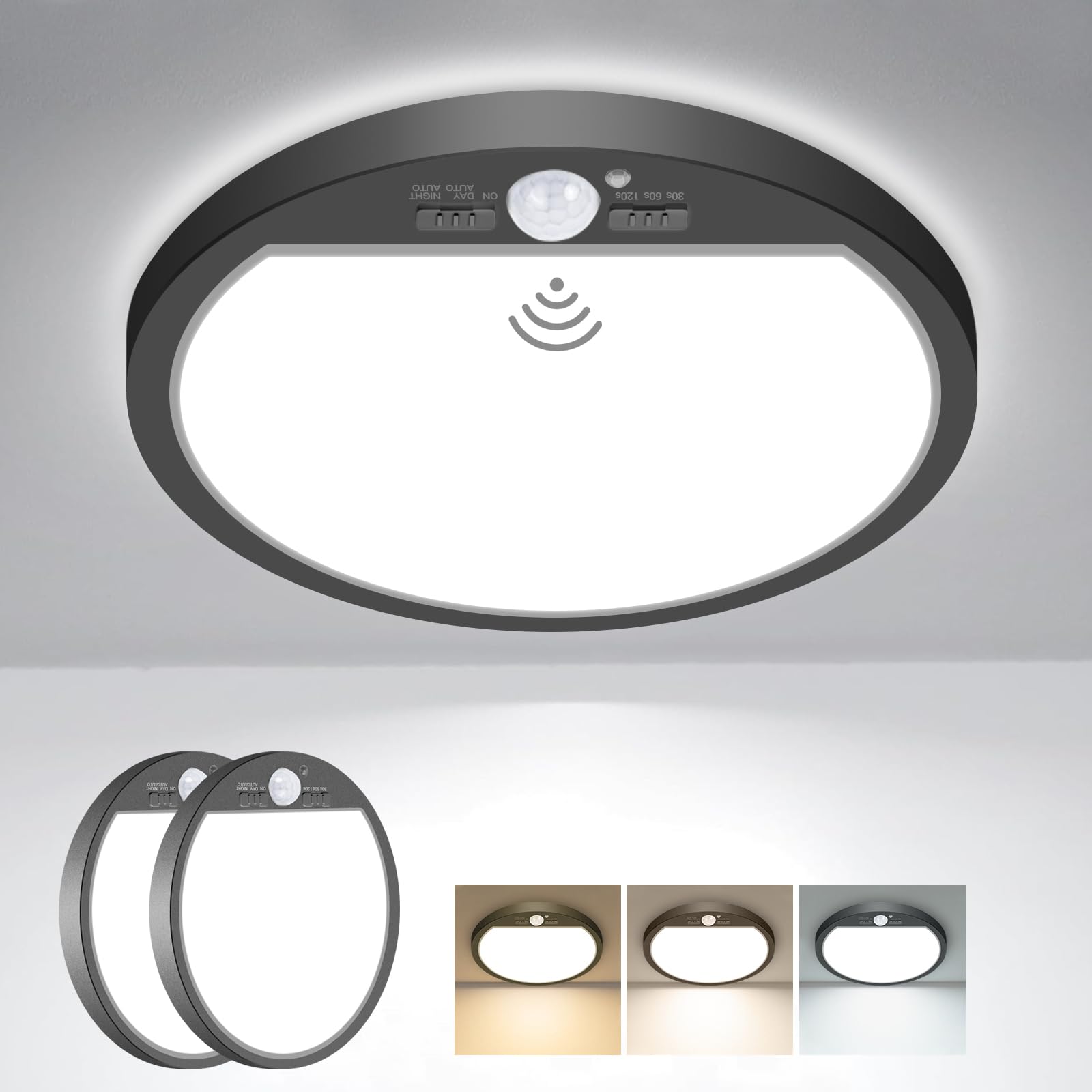 slochi Motion Sensor Light Indoor, 8.7 Inch, 3000K/4000K/6500K, 18W, Black, 2 Pack