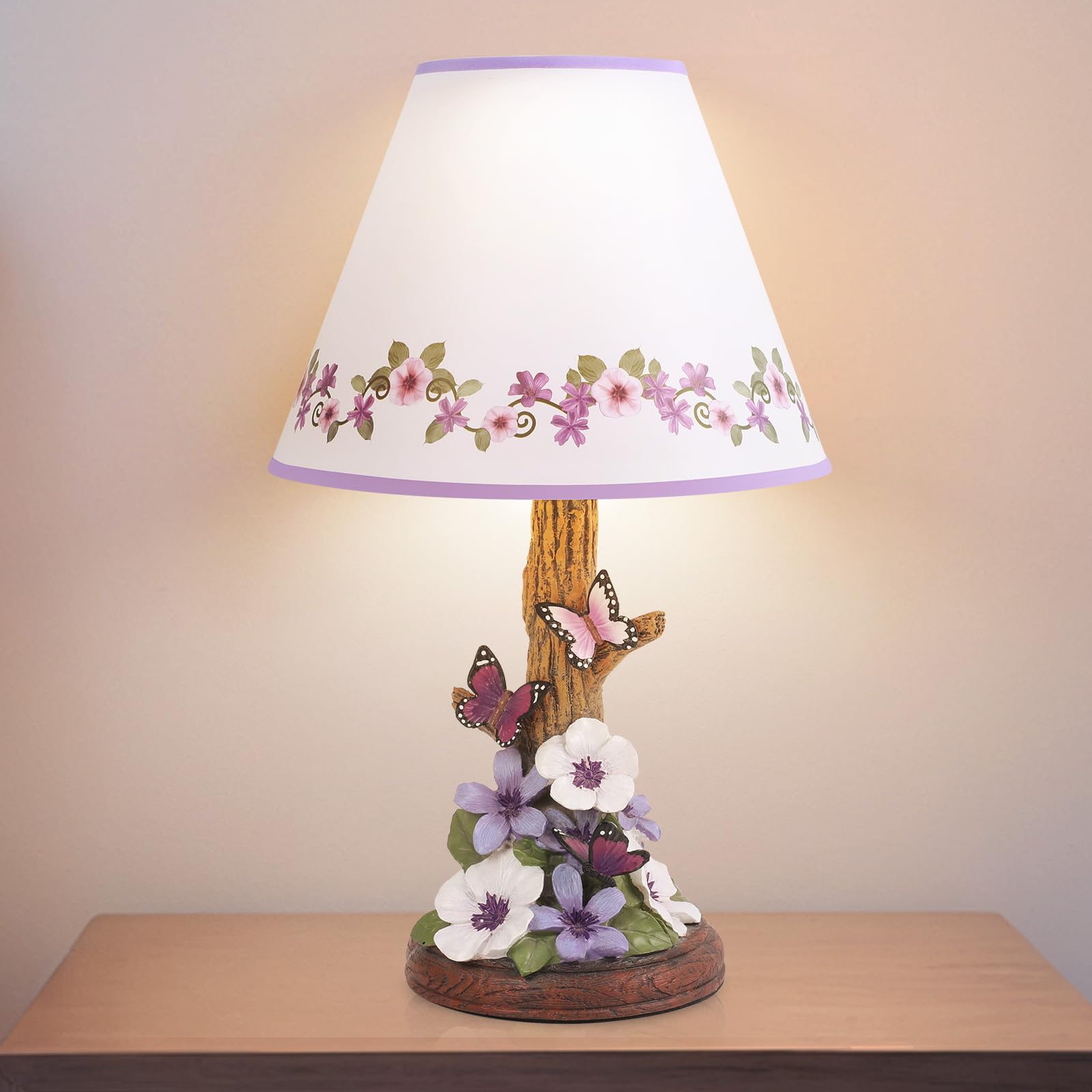 Eycfo Butterfly Flower Table Lamp, Led Light Source - Vintage Home Decor, Purple Morning Glory Side Lamp, Pressed Floral Bedside