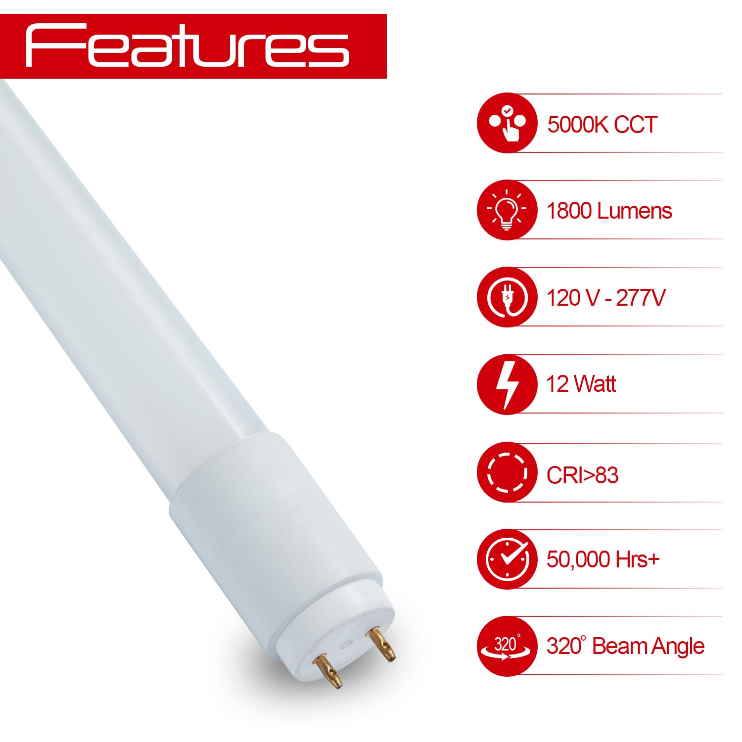 Champion Electronics 25-Pack T8 Led Tubes 4Ft - 12W 1800Lm Ballast Compatible Fluorescent Replacements, Type-A, 5000K, Cri>83, U