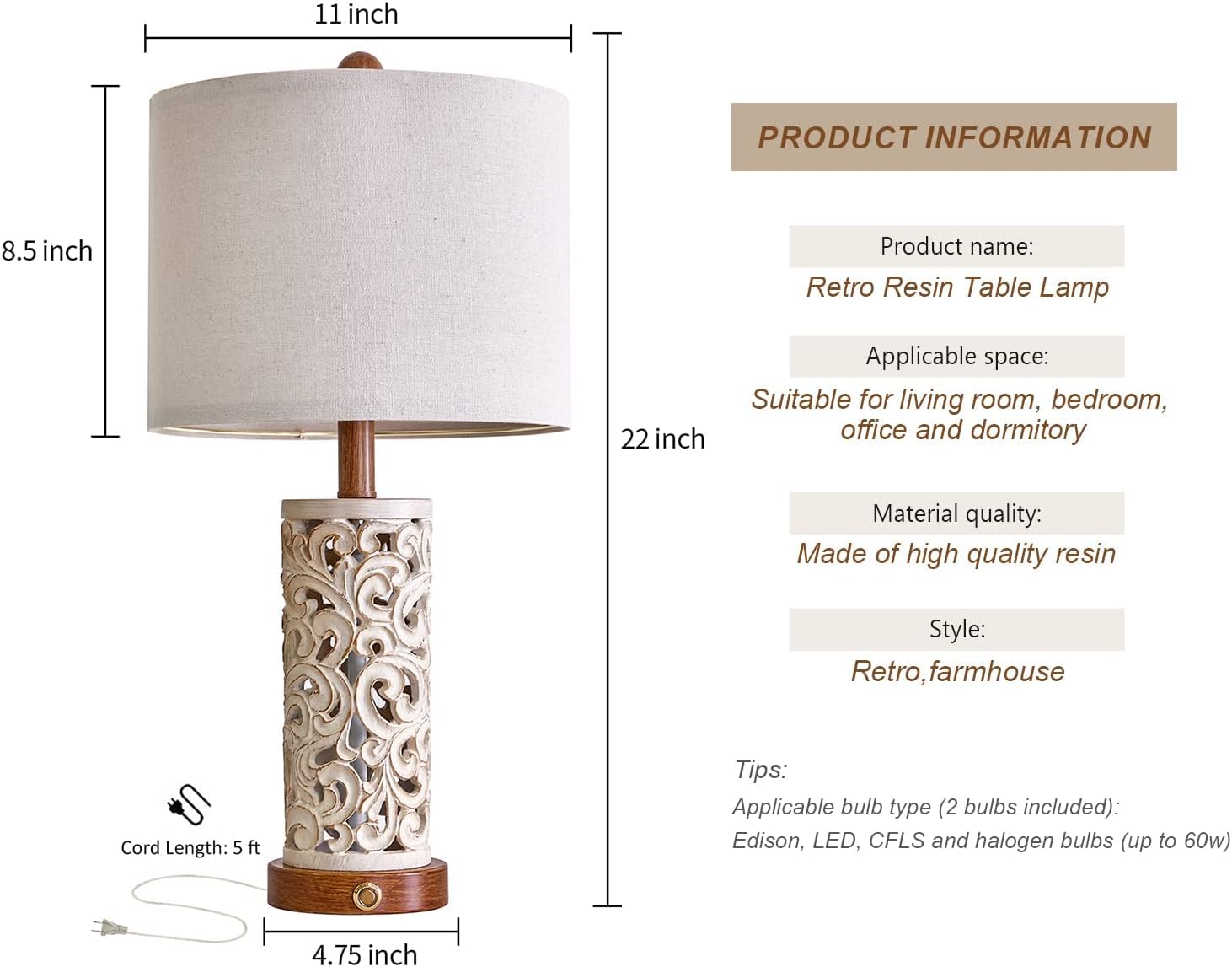 OYEARS 3-Way Dimmable 22'' USB Touch Control Table Lamp Set of 2, Brown, Nightlight for Living Room and Bedroom, Bulb Included