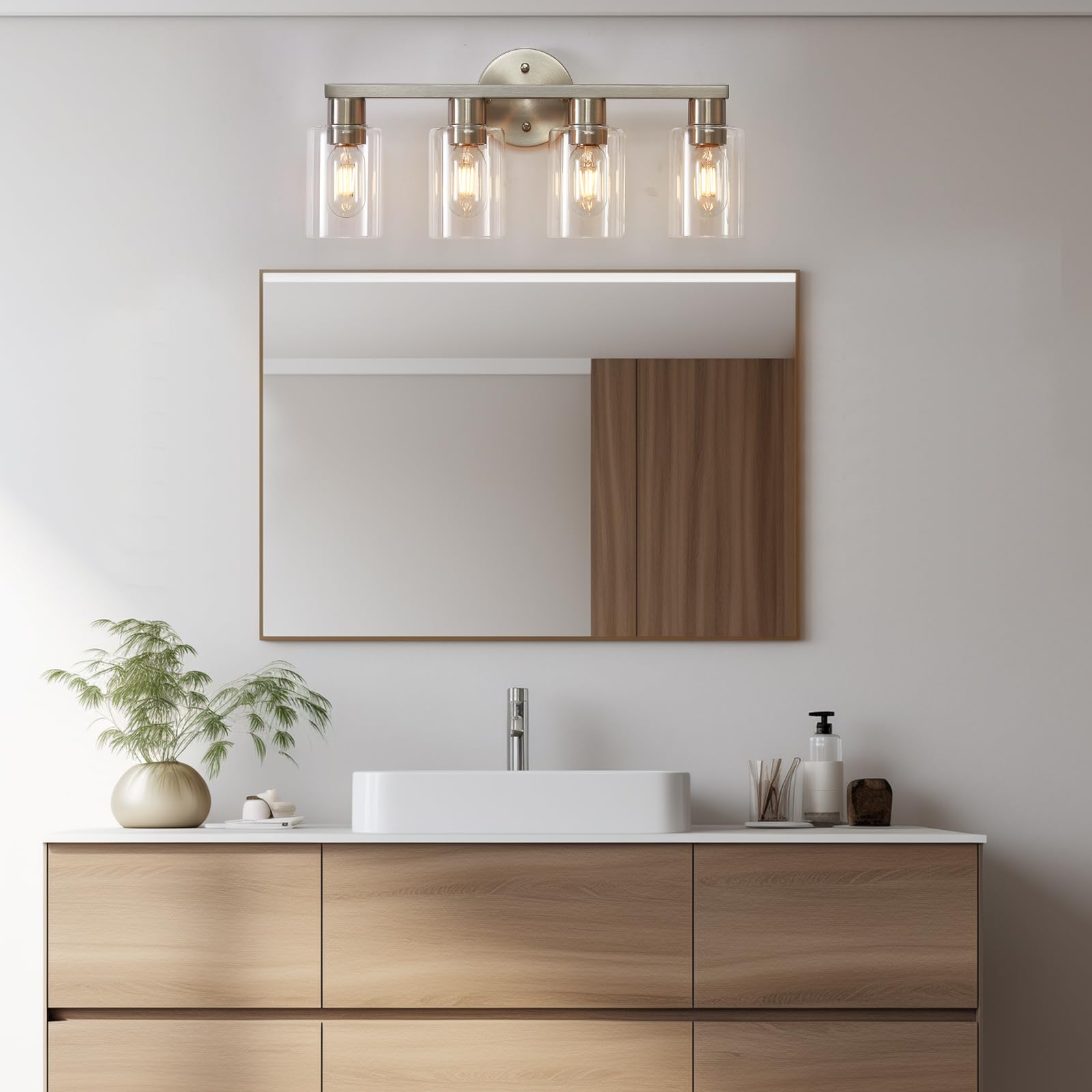 4 Light Bathroom Vanity Light, Farmhouse Bathroom Light Fixtures With Clear Glass Shade, Brushed Nickel Lights For Vanity Mirror