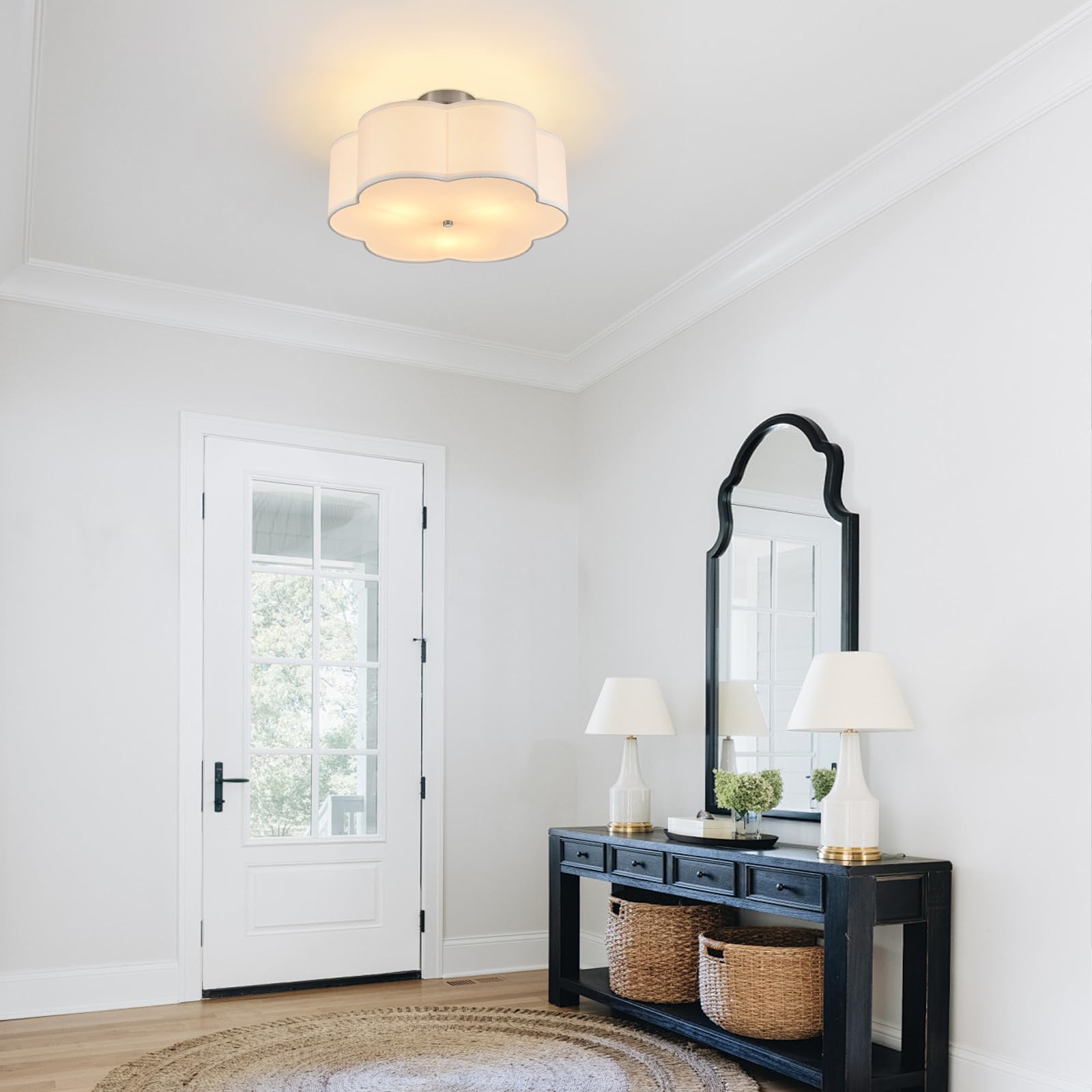 Widluth 18 Modern Semi Flush Mount Ceiling Light Modern 3-Lights Linen Drum Ceiling Lighting With Chrome Finish  Vintage Ceiling Light For Living Room  Kitchen  Basement  Laundry Room  Bedroom