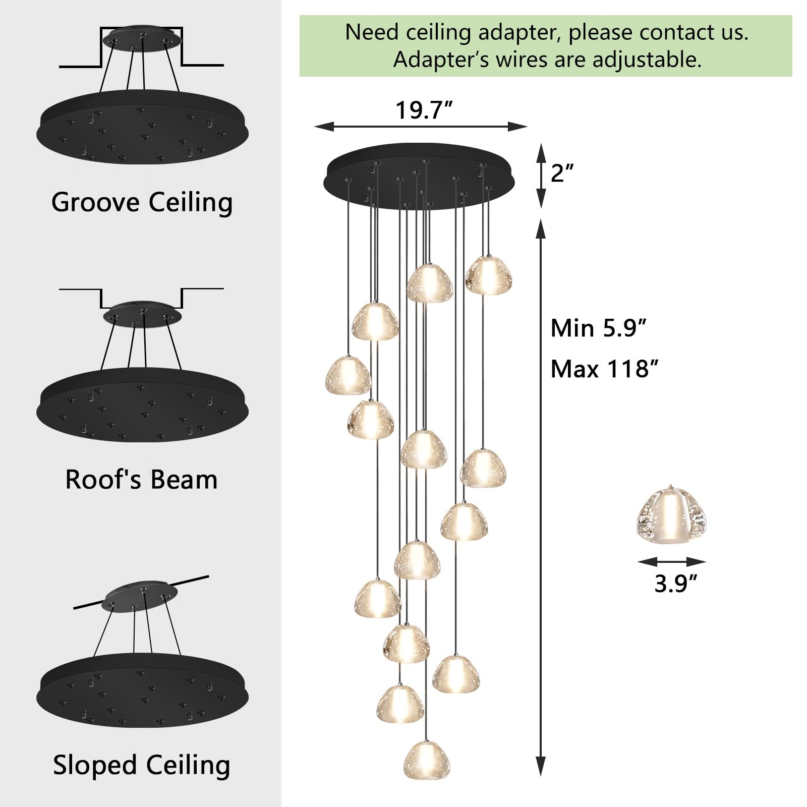 dolria Modern Crystal Chandelier - 14-Lights Round, Black LED Lighting Fixture for Staircase, Foyer, Living Room - Model PC0010-14B