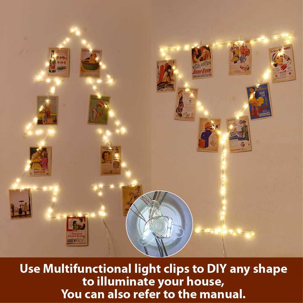 HXWEIYE Photo Clips String Light, 33Ft 100LEDs, Warm White, Timer & 8 Modes, Model HY100150-120, Battery Powered with 52 Clips &