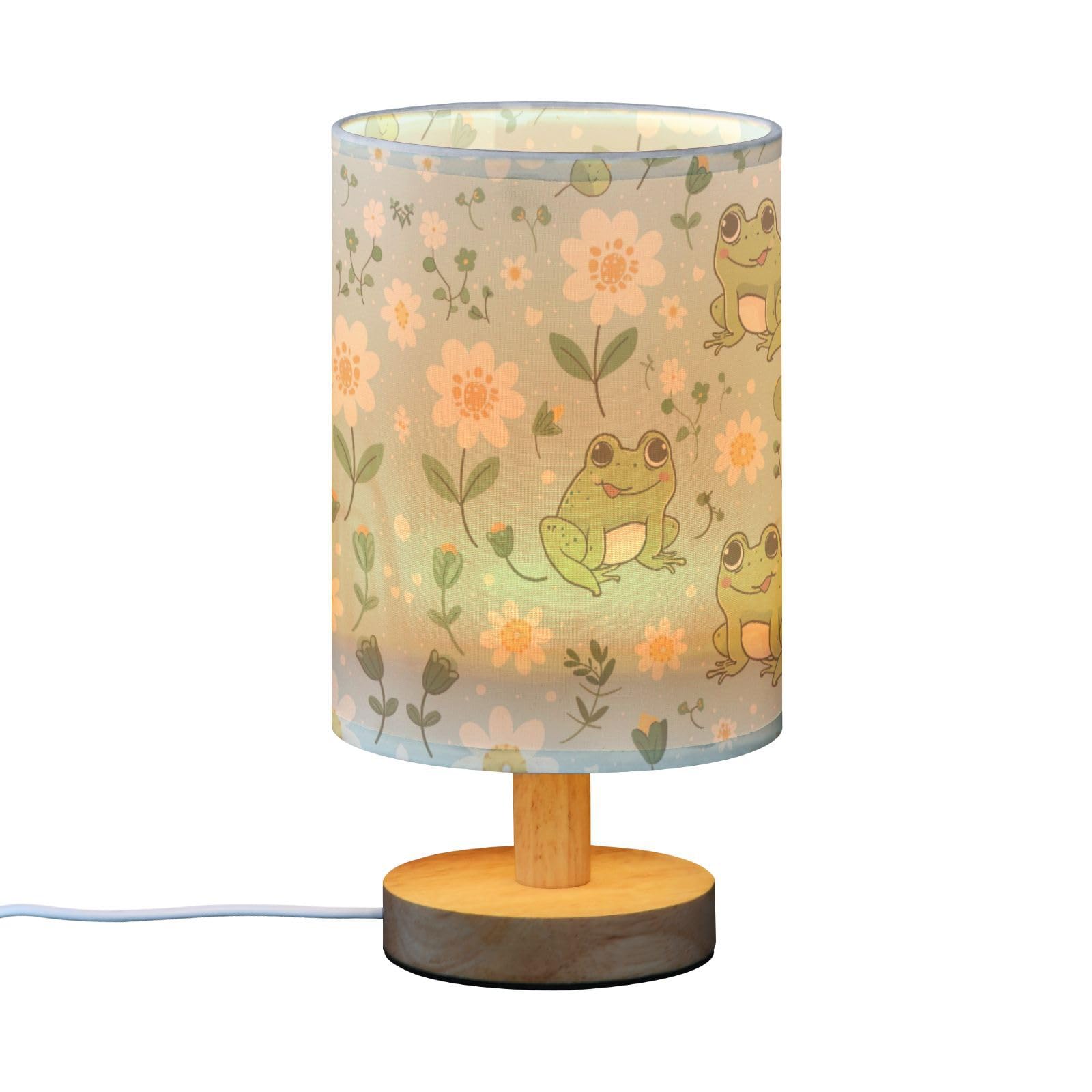 Goodold Cute Kawaii Frogs Led Table Lamp - Modern Minimalist Bedside Lamp With Round Flaxen Fabric Shade For Nightstand, Perfect