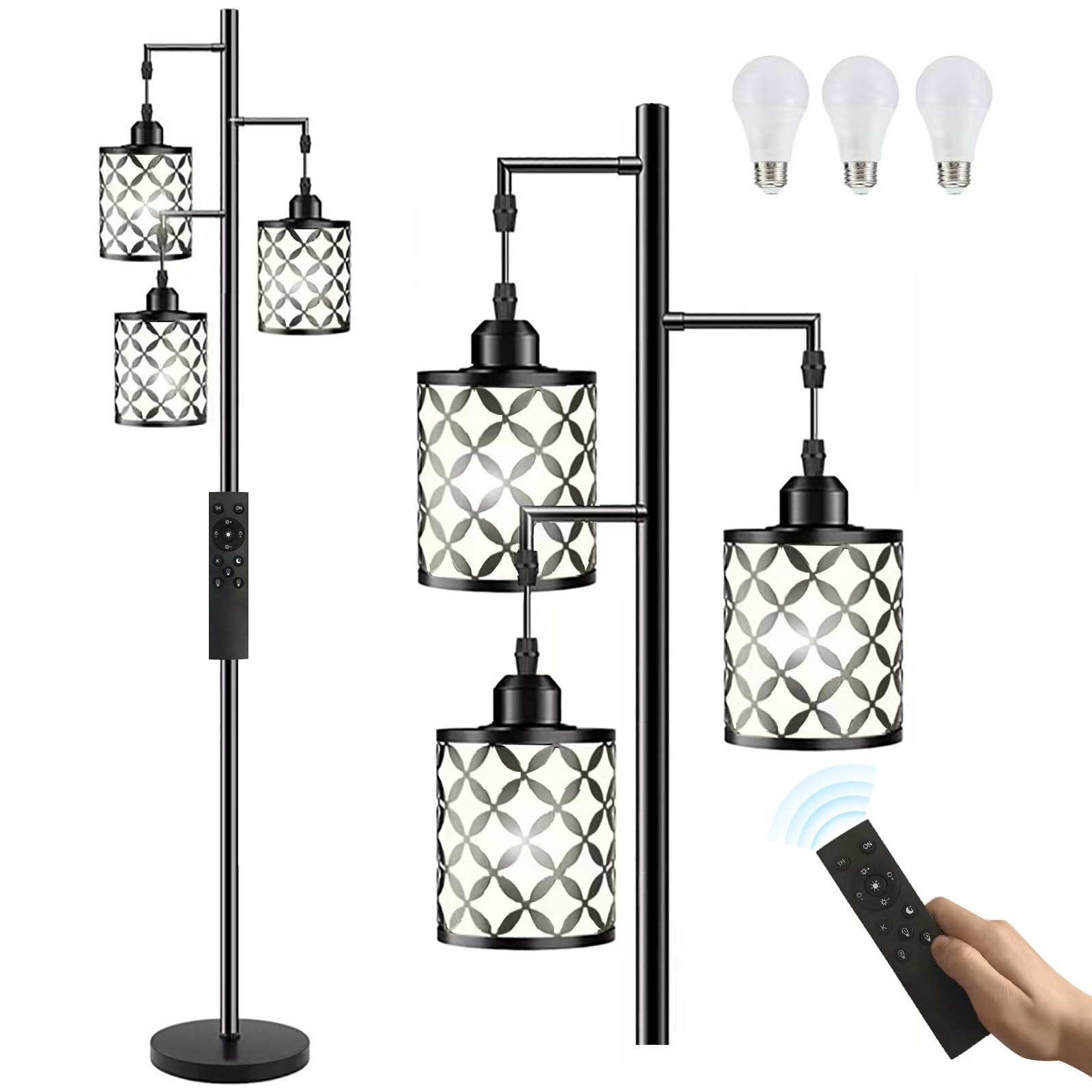 New Upgraded 72 Tall Dimmable Floor Lamp with Remote Control & White PC Shades, Farmhouse Standing Lamp with Bulbs, Industrial T