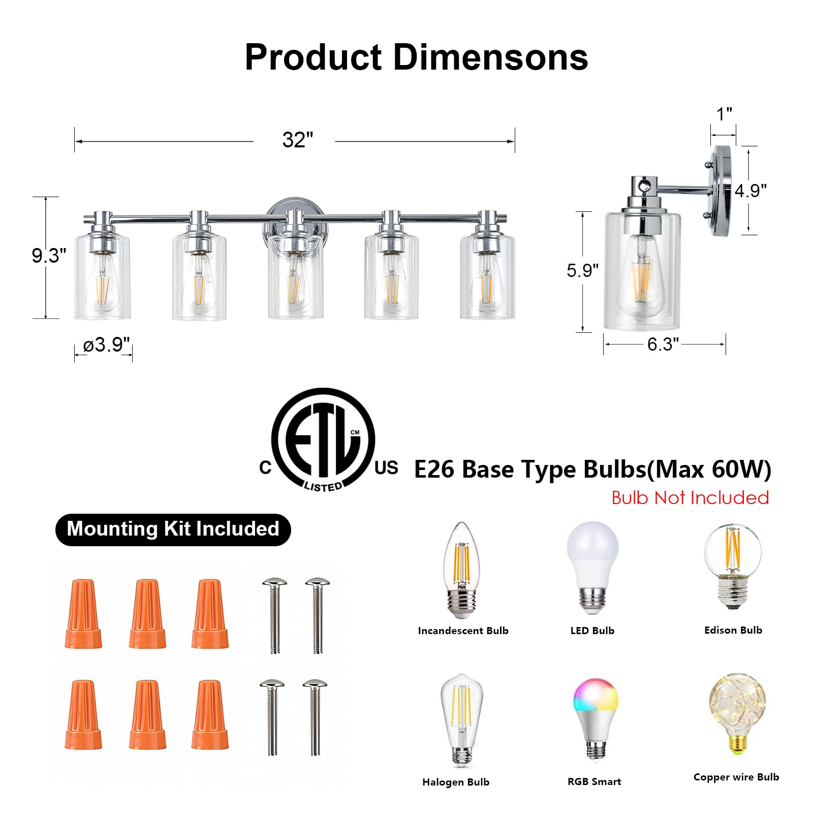 Alaislyc Bathroom Light Fixtures Wall Sconce Light With Clear Glass Chrome 5 Lights Bathroom Lighting Over Mirror Vanity Lights For Living Room,Bedroom,Restroom,Hallway E26 Base