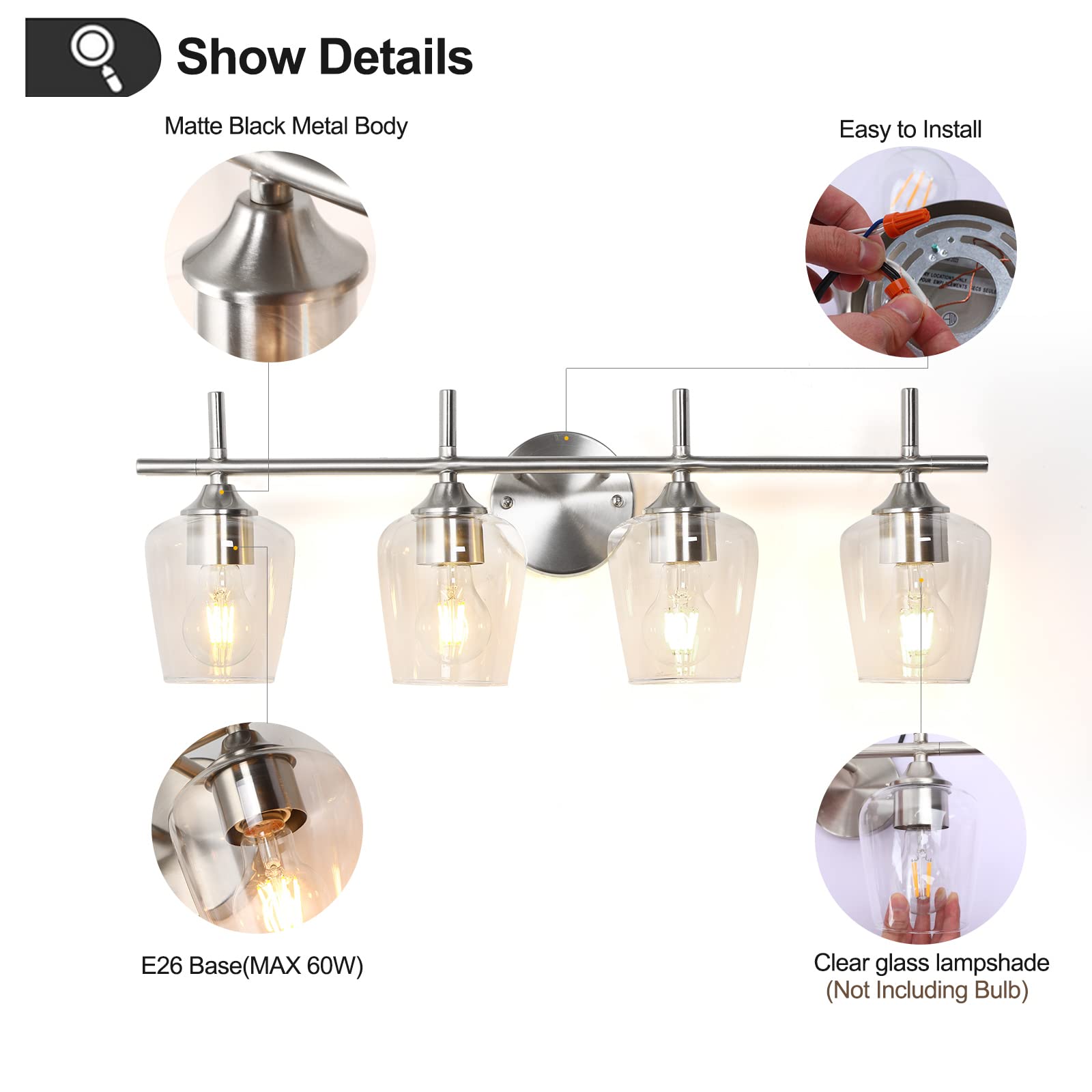 foucasal Bathroom Light Fixtures 4-Light Brushed Nickel Vanity Light with Clear Glass Shade Model ULB0046H-4SHANIE