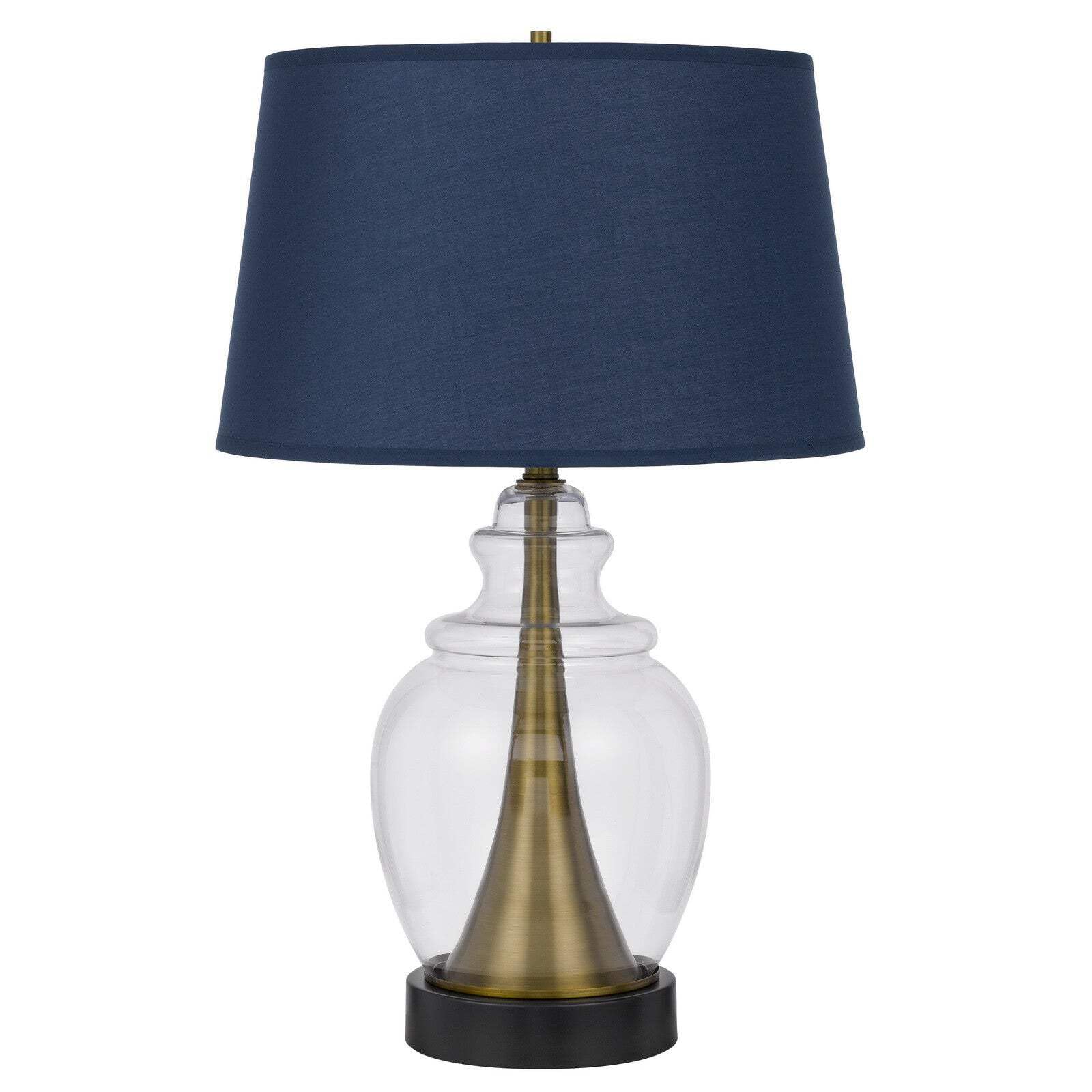 HomeRoots Table Lamp 30 in. Antiqued Brass & Glass with Navy Blue Empire Shade, Model 524720