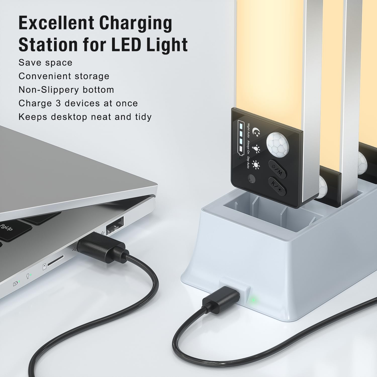Lightbiz Under Cabinet Lights - 3 Pack Rechargeable Dimmable Motion Sensor, 10.4" Warm Light with Charging Station, Aluminum, Model A300