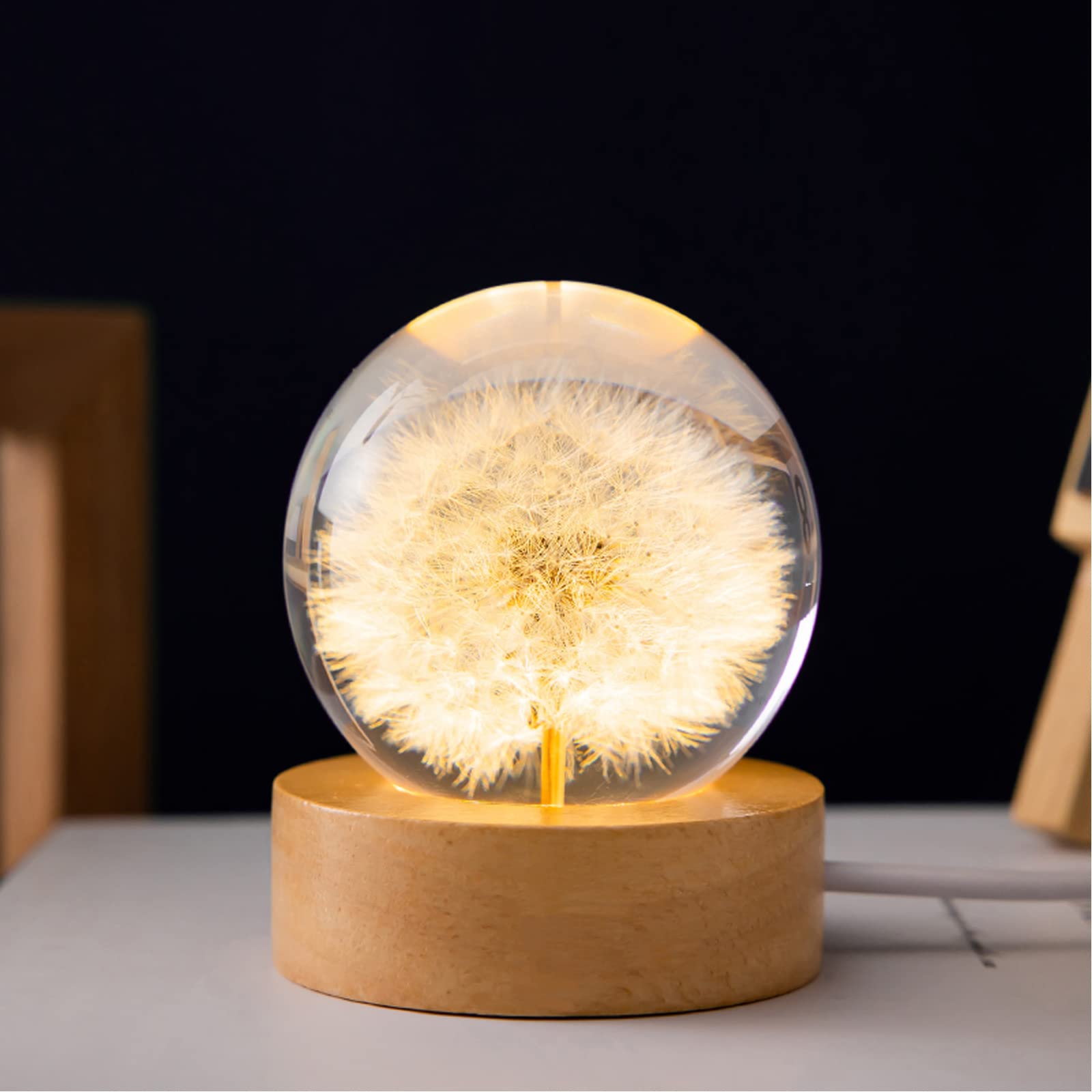 MARZIUS Flower Crystal Ball Night Light, 2.4in Glass Lamp with Wooden Base, Dandelion 2, Model CB320