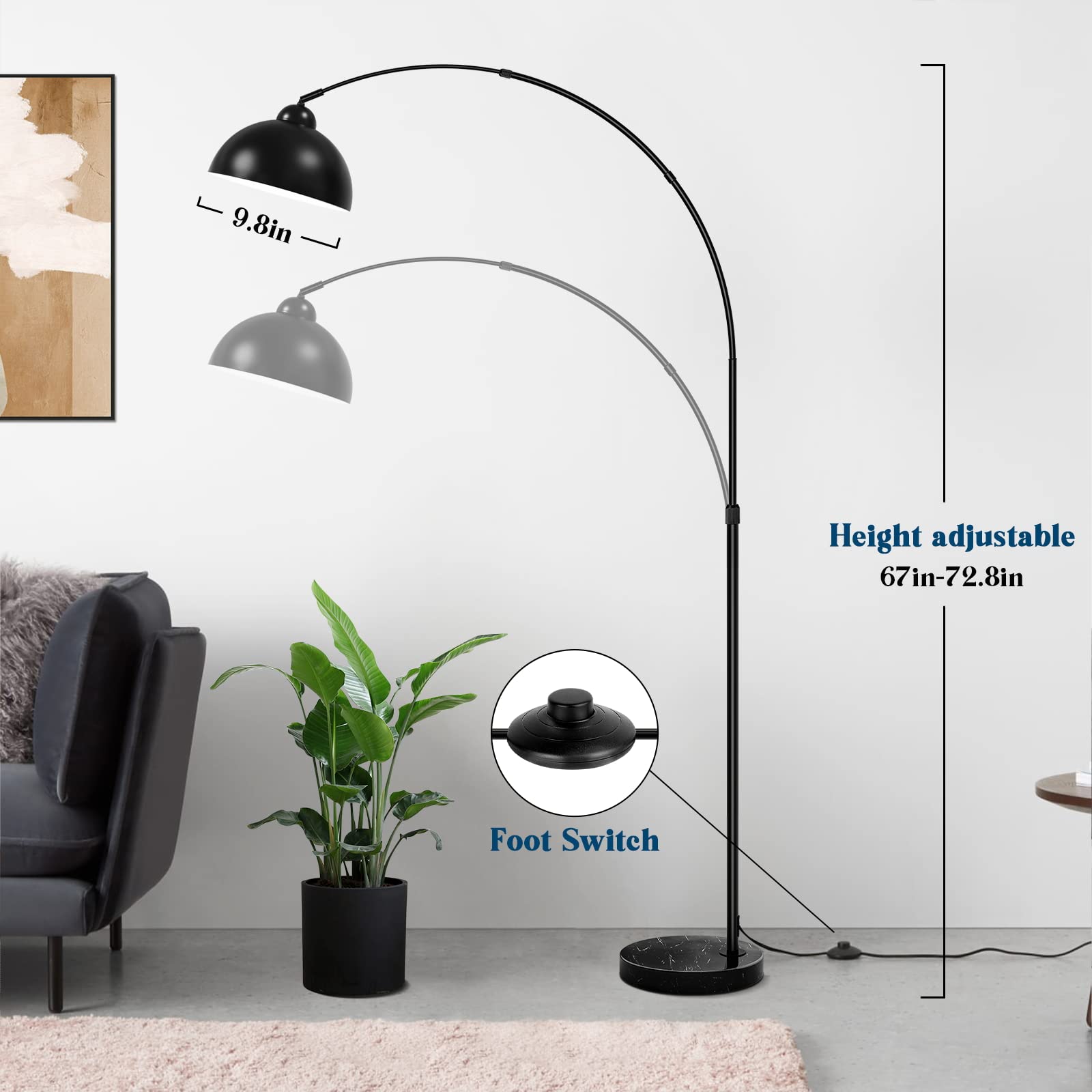 Modern Arc Floor Lamp With Metal Hanging Dome Shade, Industrial Adjustable Over The Couch Stand Up Light, Marble Base Farmhouse
