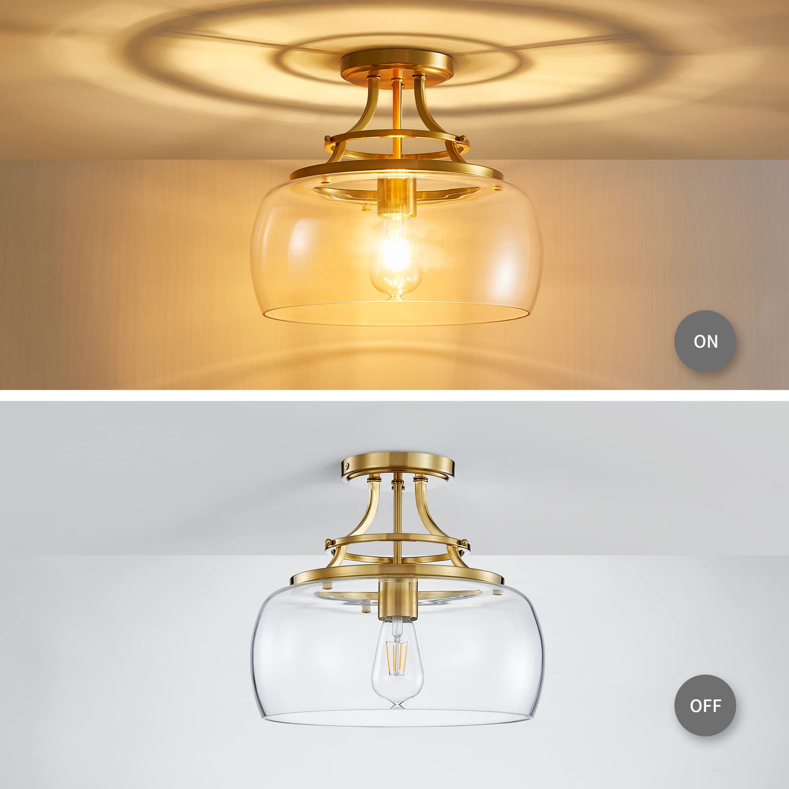 Wuzups Rustic Industrial Round Ceiling Light Fixture, Brushed Gold, Clear Glass Shades, 11.8&quot; H