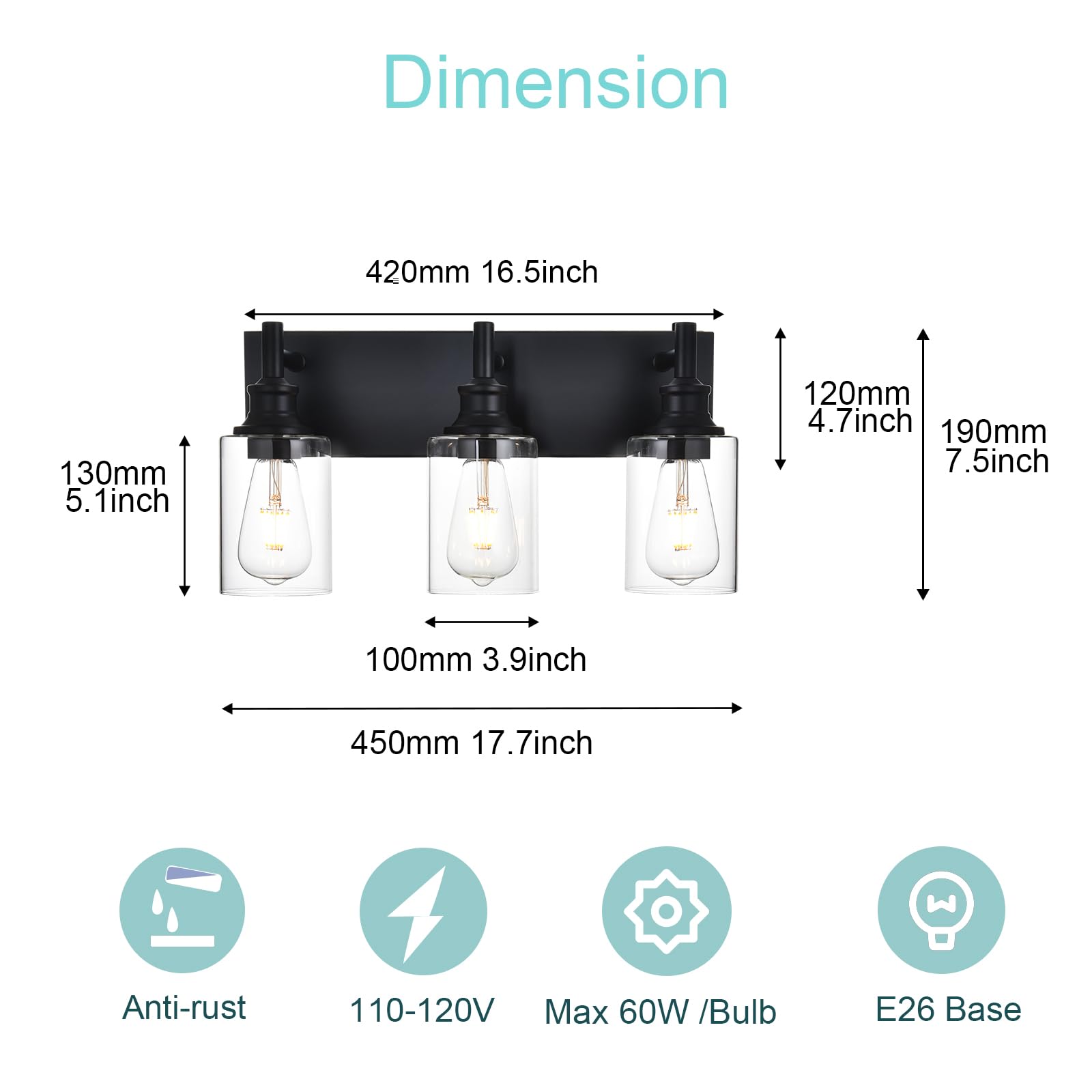Wanluce 3 Light Bathroom Vanity Lights, Black Iron Fixtures with Clear Glass Shades, Model 16-16111-3W-BL