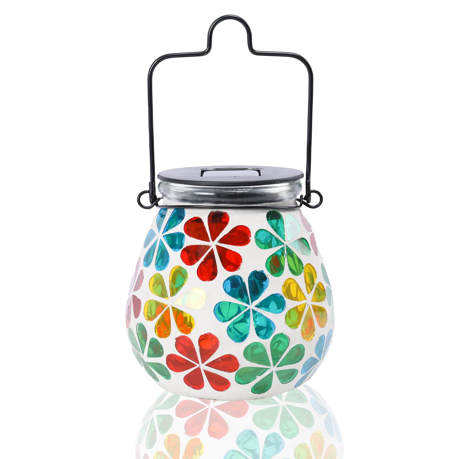 Afirst Mosaic Solar Lantern - Glass Hanging Lights, Waterproof Table Lamp for Garden/Patio - Model 5033540A, Flower Color