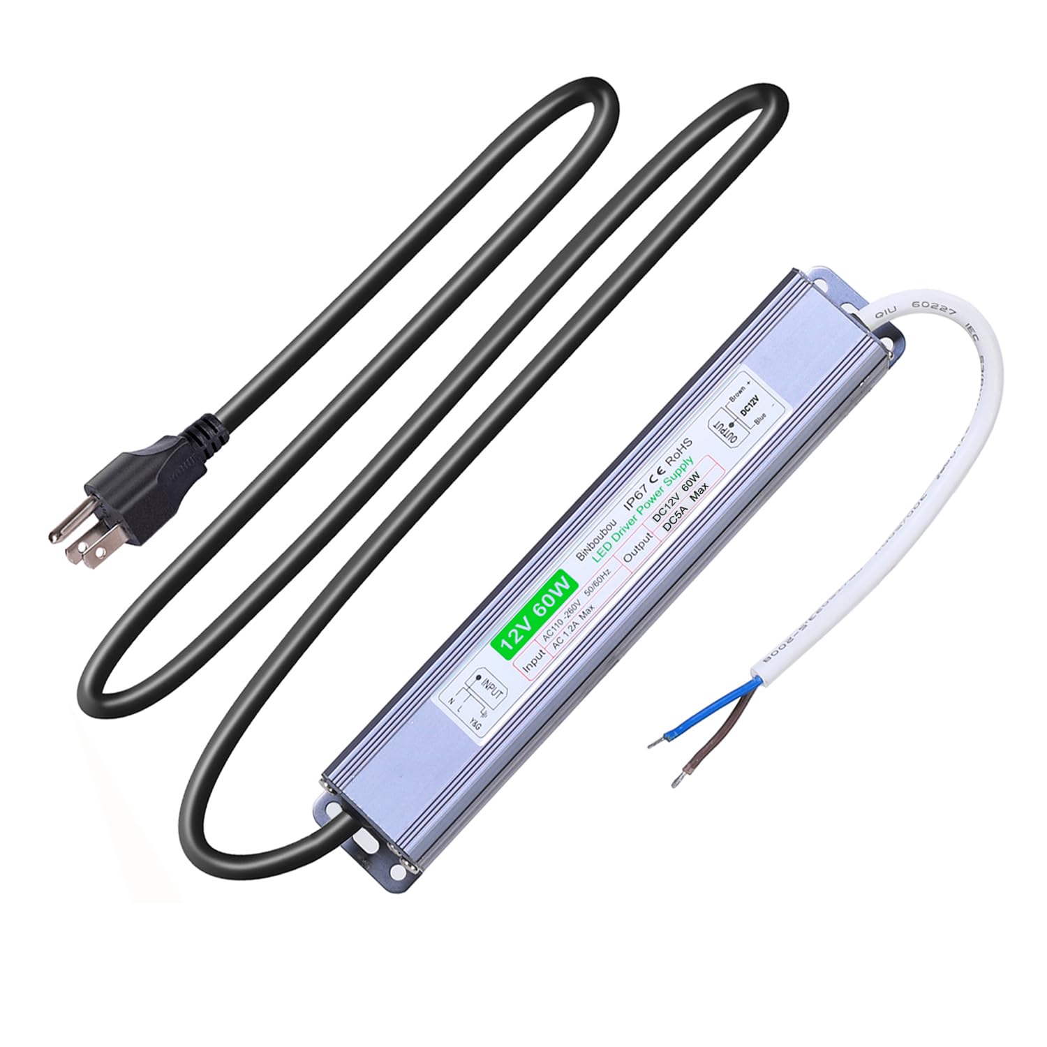 LED Driver 60W Waterproof IP67 Power Supply Adapter  AC110V to DC12V Constant Voltage LED Transformer with 3-Prong US Plug for Outdoor & Indoor LED Lights  Computer Projects