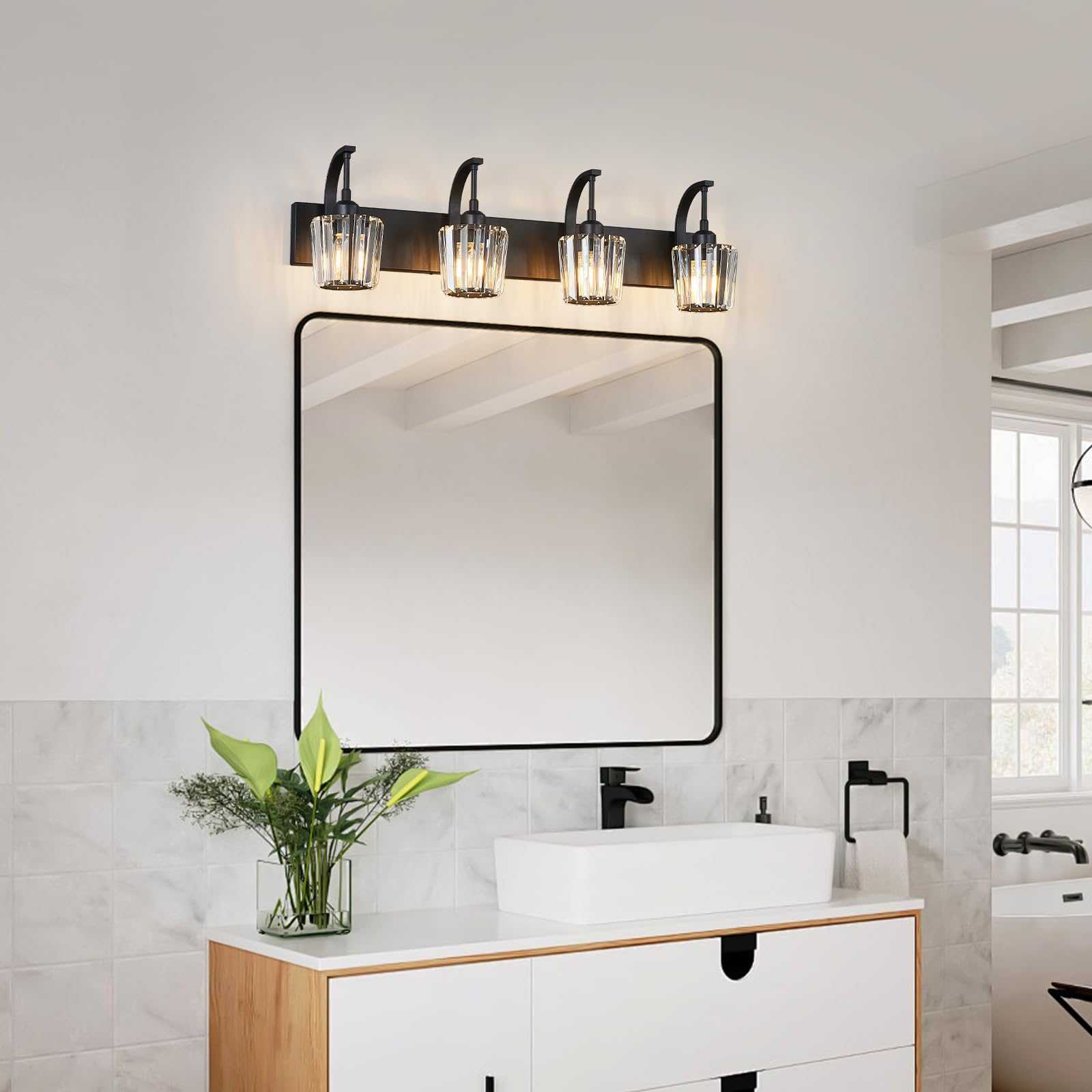 Fdpby Modern Bathroom Vanity Light  4-Light Black Wall Sconce With Crystal Accents  Over Mirror Bathroom Lighting Fixture  32.67 Long Dimmable Vanity Lamp For Makeup  Easy Installation