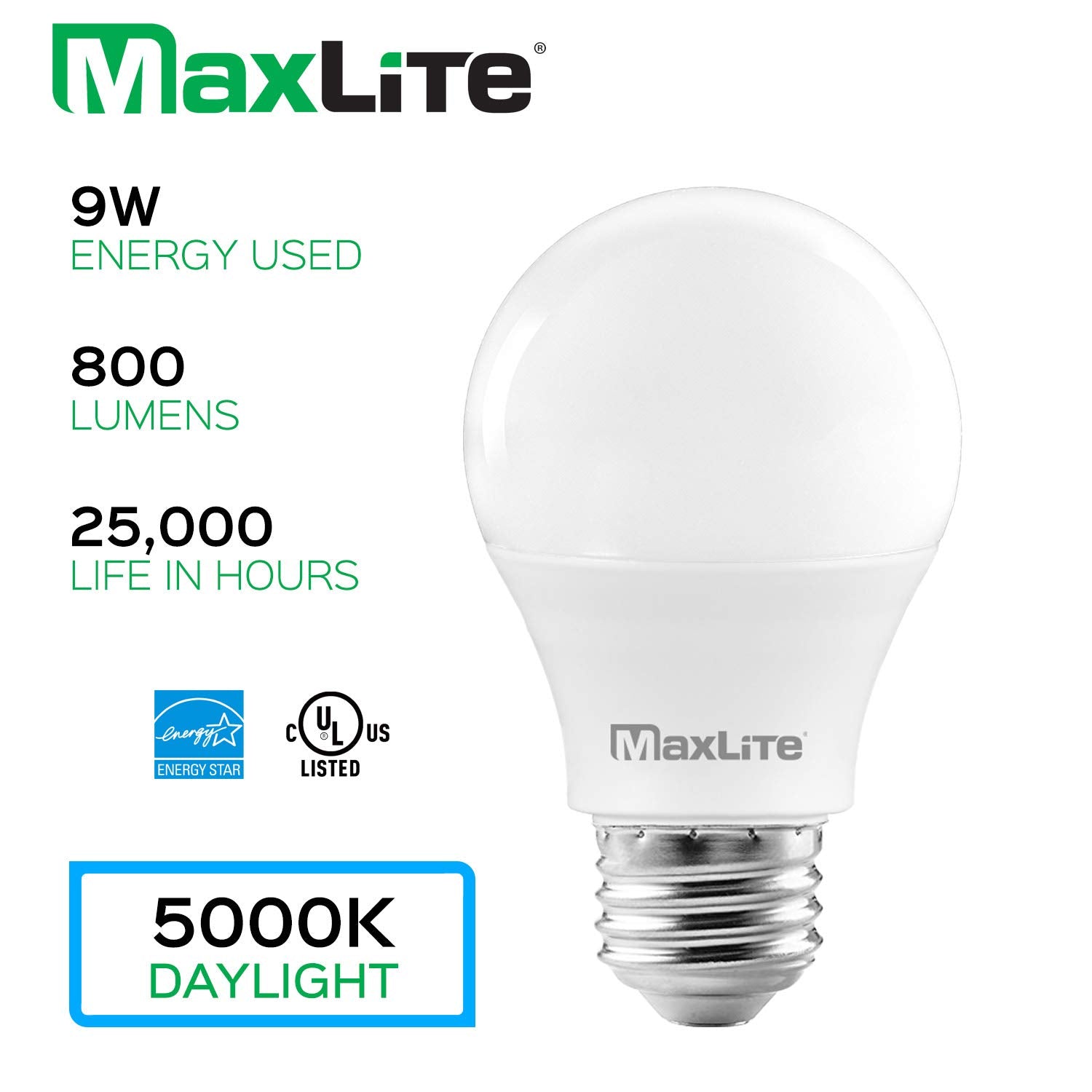 Maxlite A19 LED Bulb, 60W Equivalent, Dimmable, Enclosed Fixture Rated, 800 Lumens, 5000K Daylight, 4-Pack