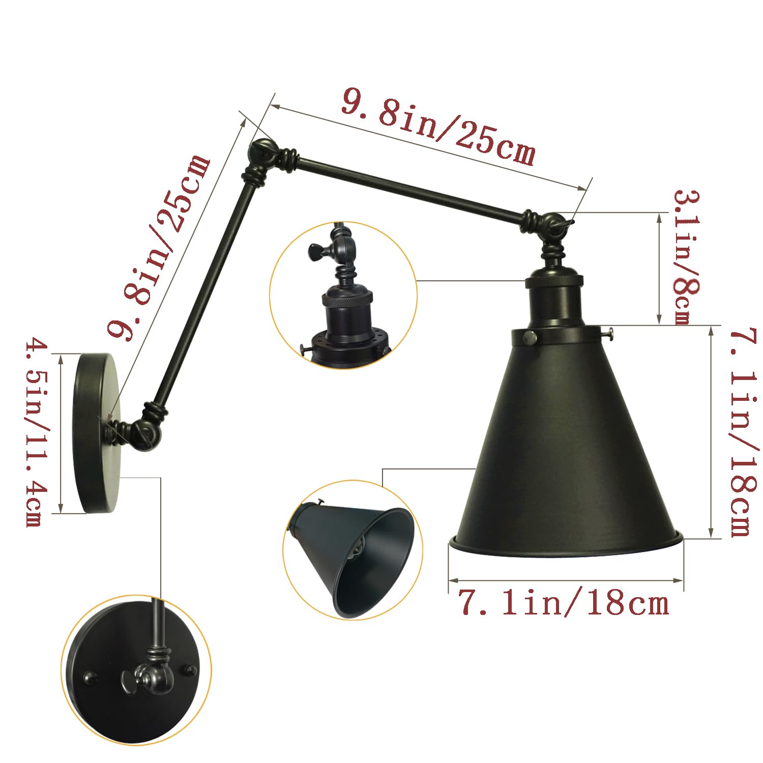 DZSUMY Industrial Wall Sconce, Adjustable Arm, E26 Base, Metal, Black Finish, Model WS05, Ideal for Bedroom, Living Room, Office