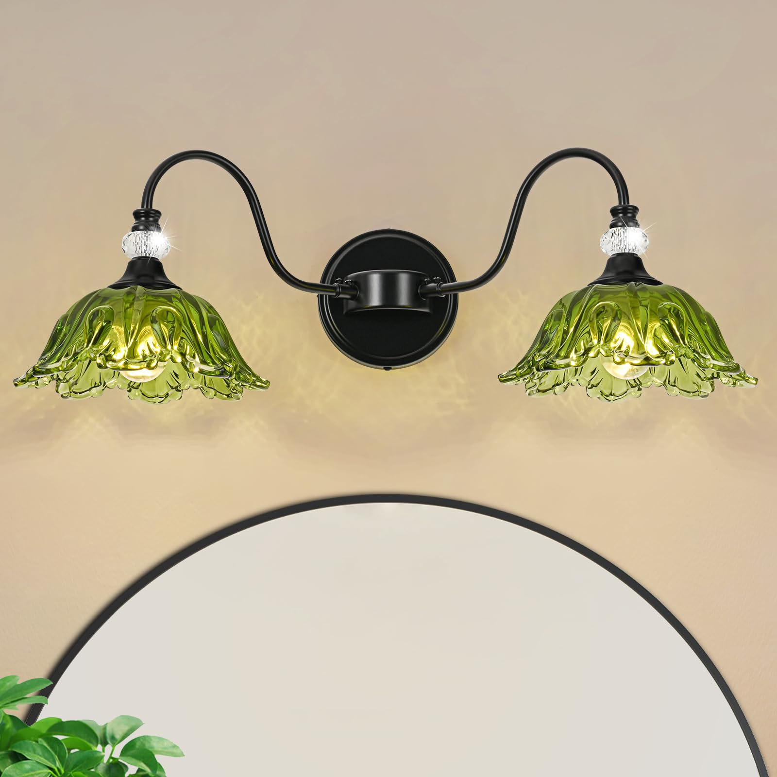 Sunkryster Black Bathroom Vanity Light  2-Light Vanity Light With Floral Green Glass Shades Vintage Farmhouse Wall Mount Lighting For Bathroom  Dressing Table