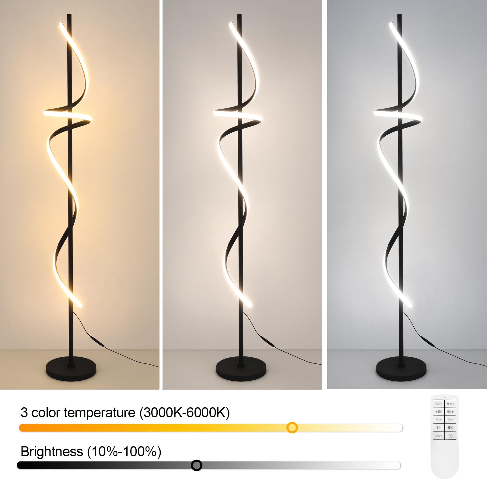 EIDISUNY Modern Spiral Floor Lamp, 48W LED, Dimmable, 60in Tall, Black, Model FL-YLC002BK
