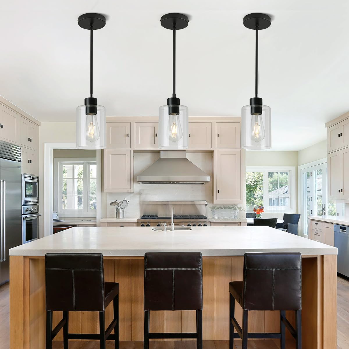 KLSS Black Pendant Lights - Modern Farmhouse Glass Fixture for Kitchen Island - Mini Hanging Light - Middle Size - 2 Pack Stem Rod