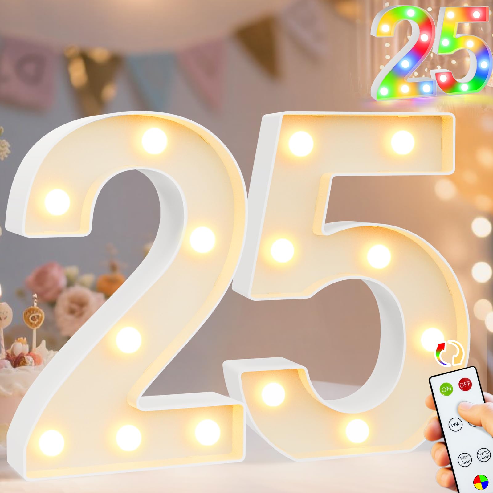 Pooqla 25Th Birthday Decoration For Her Him  Decorative Led Light Up Numbers  Marquee Numbers 25 Sign For Party Backdrop 25Th Wedding Anniversary Decor Gift  Warm White And Colorful Number 25