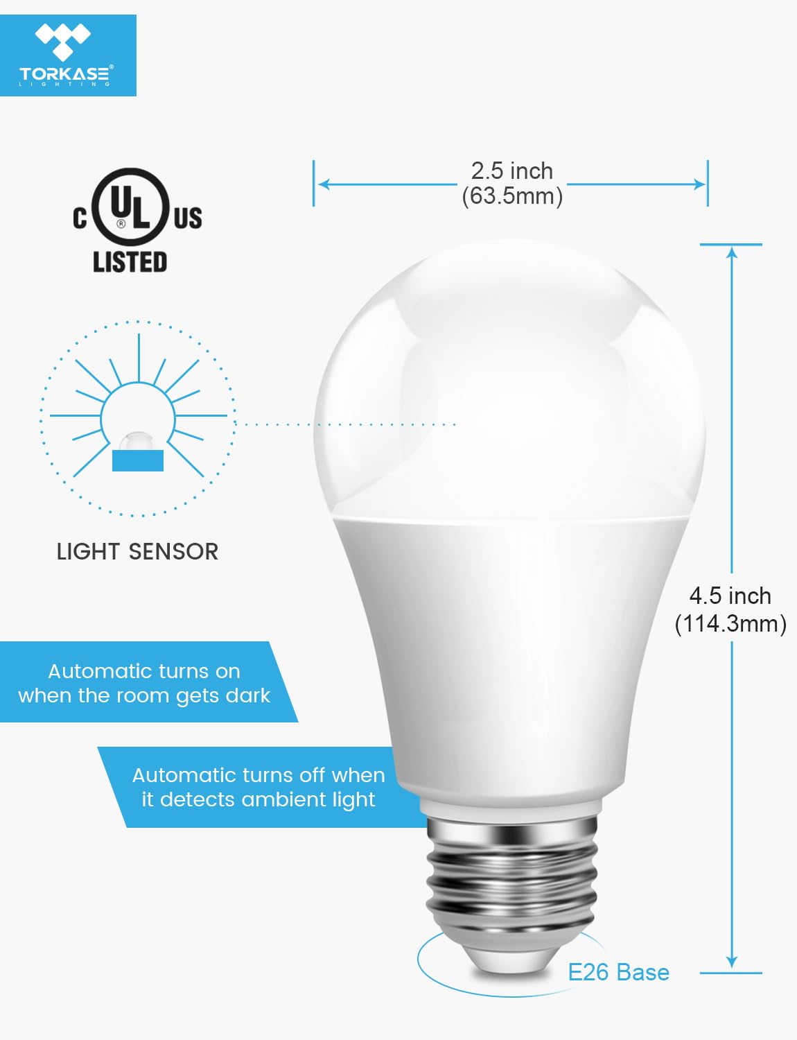 Torkase Outdoor LED Light Bulbs, 13W (100W Equivalent), Dusk to Dawn, E26 Base, 6000K Cool White, Non-Dimmable, 4 Pack