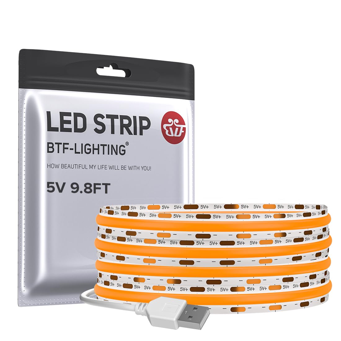 BTF-LIGHTING FCOB USB Powered Orange Color COB LED Band Lights 9.8FT 960LEDs 5V 8mm Width 90+ High CRI Ultra Bright Flexible Light for TV Backlight Display Cabinet PC DIY Decor