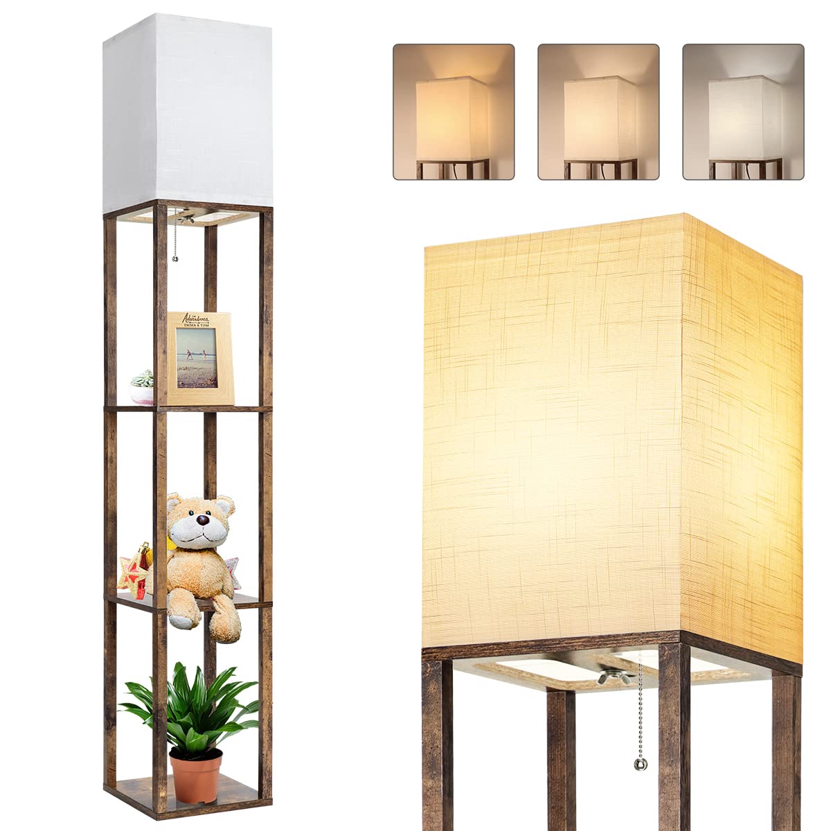 Dott Arts Floor Lamp With Shelves, 3 Color Temperature Led Bulb, Wood Texture, Storage, Brown