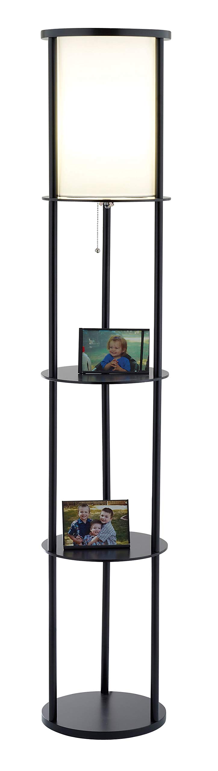 HomeRoots Floor Lamp with Circular Storage Shelves, Black Wood Finish