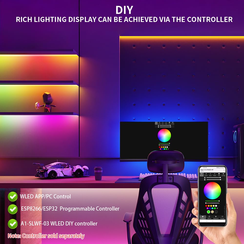 Loamlin Ws2812B Rgb Led Strip 16.4Ft 300 Leds Ip65 Waterproof White Pcb Fpcb
