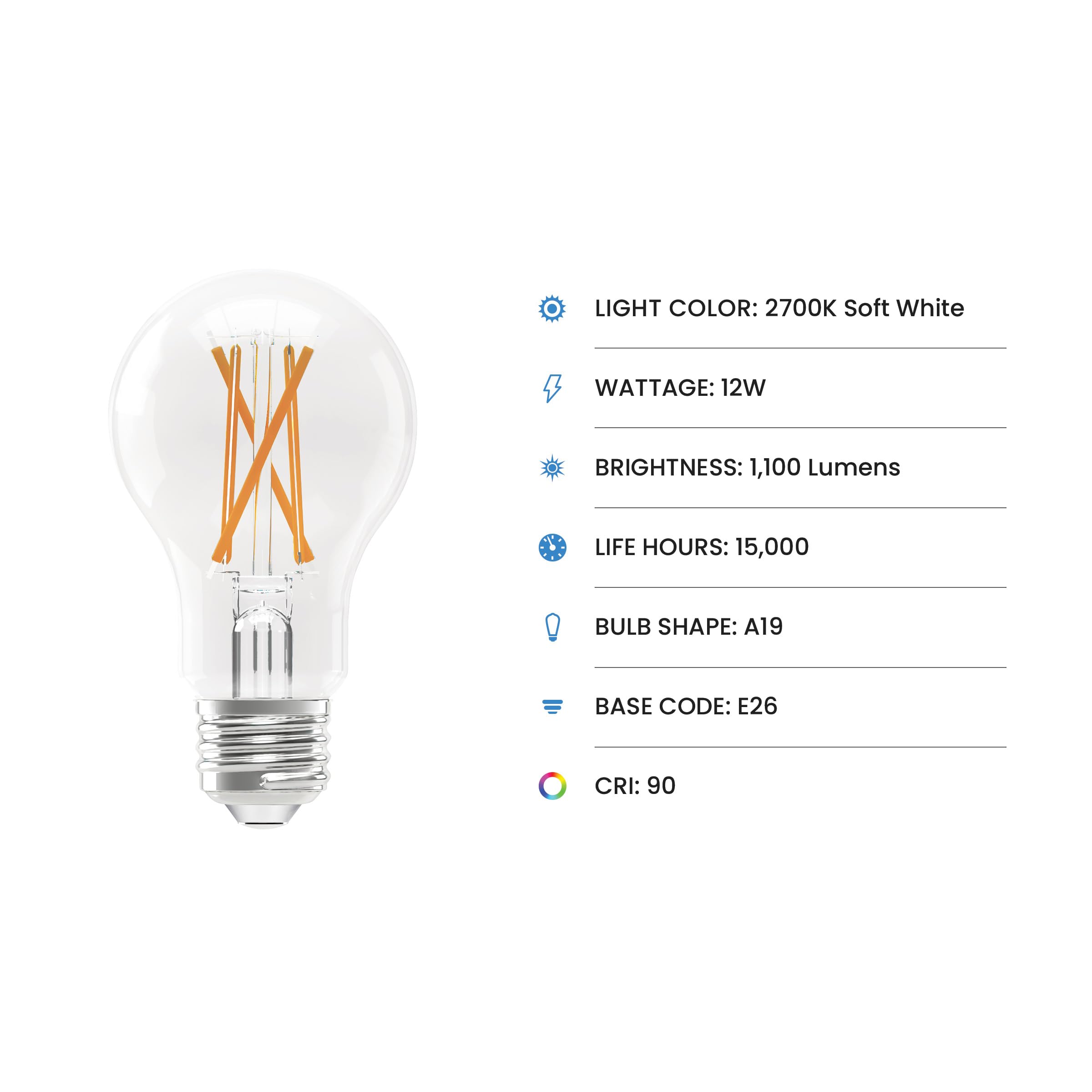 Feit Electric A19 Led Light Bulb, 75W Equivalent, 1100 Lumens, 2700K Soft White, Dimmable, Clear Glass, E26 Base, General Purpos